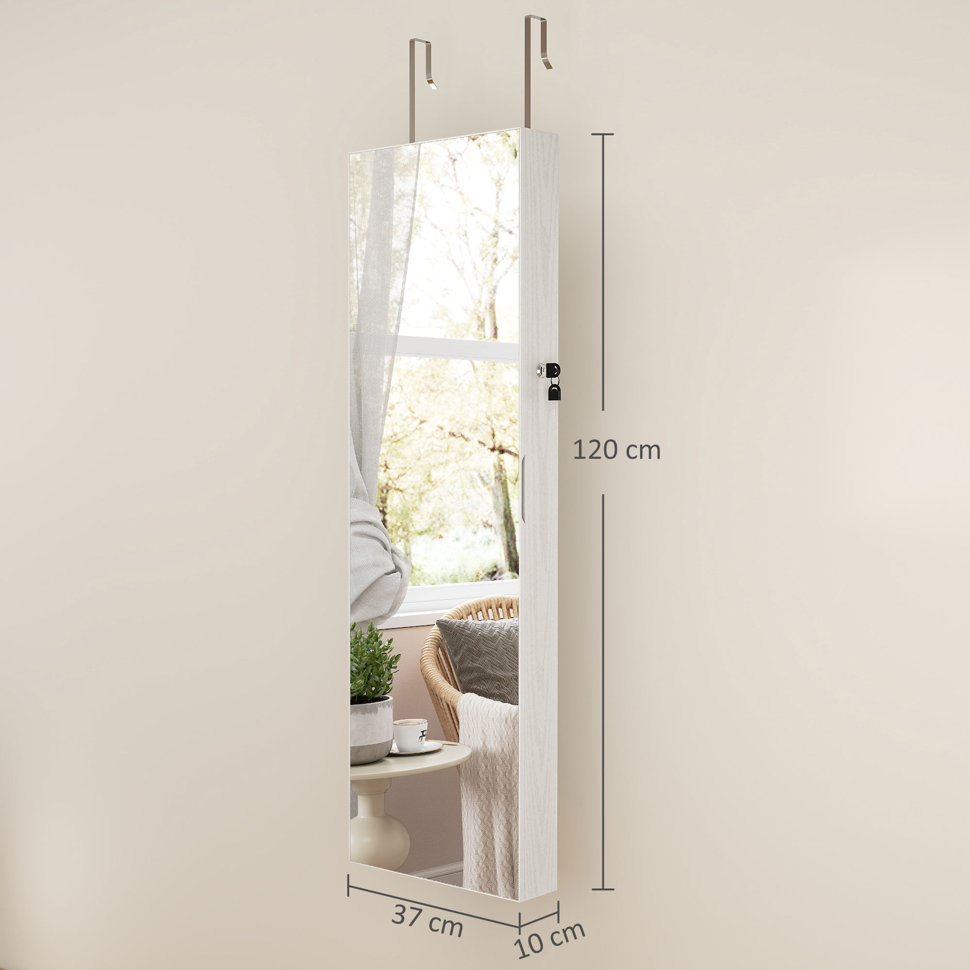 Papuošalų spinta su viso ūgio veidrodžiu ir LED apšvietimu, balta, 37 × 120 × 10 cm 2