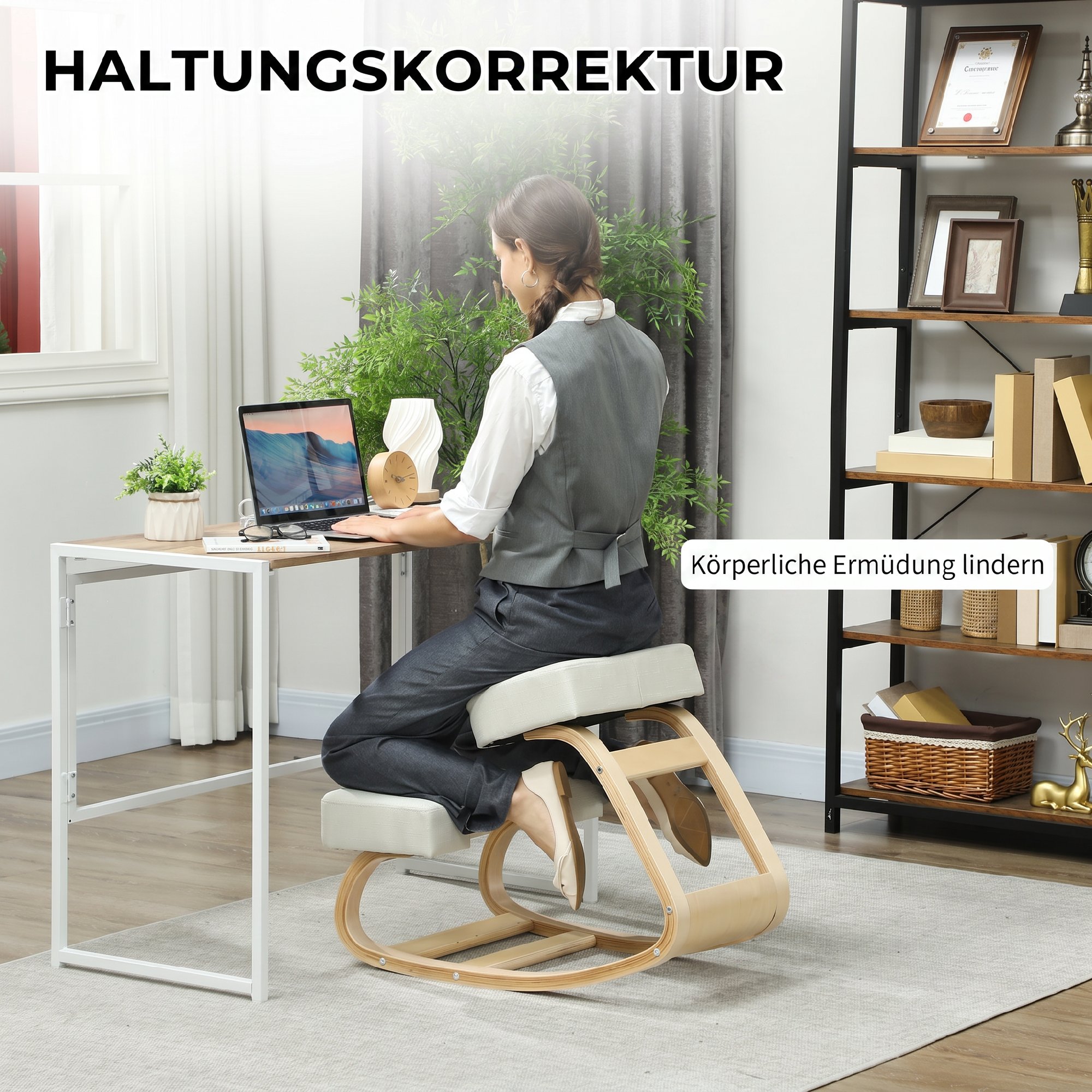 Ergonominė klūpomoji kėdė su reguliuojamu sėdynės aukščiu, kreminė balta, 51 × 69 × 58 cm 3