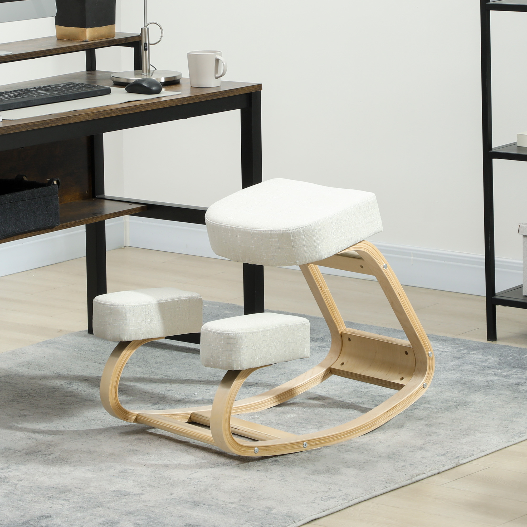Ergonominė klūpomoji kėdė su reguliuojamu sėdynės aukščiu, kreminė balta, 51 × 69 × 58 cm