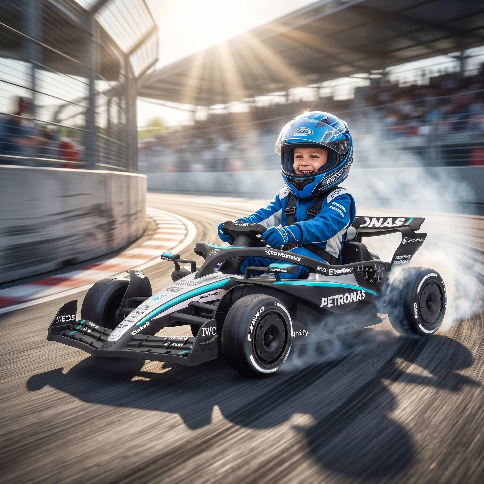 Elektrinis kartingas vaikams, licencijuotas Mercedes-AMG PETRONAS F1, su ličio akumuliatoriumi, juodas, sidabrinis ir mėlynas, 123 × 66 × 39 cm