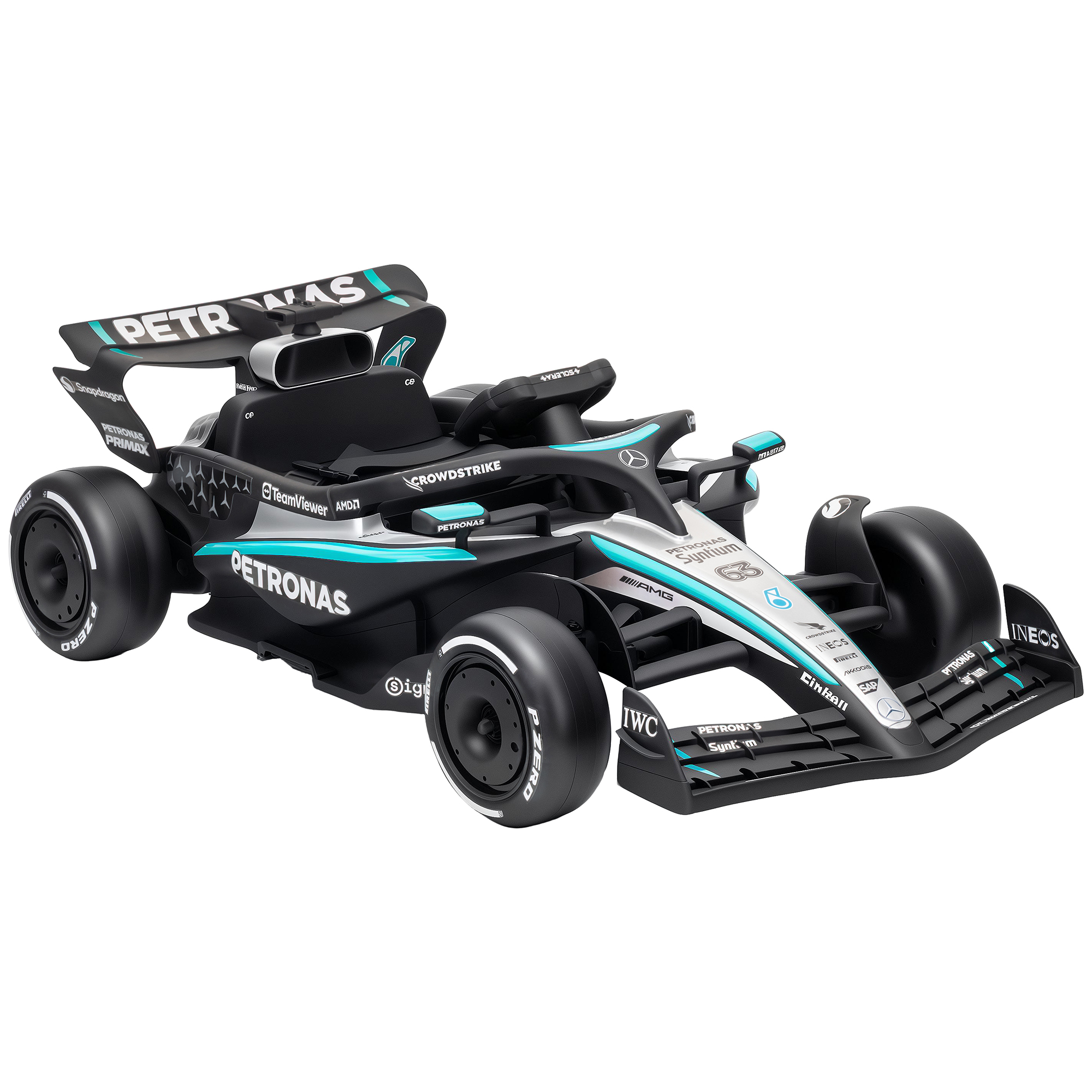Elektrinis kartingas vaikams, licencijuotas Mercedes-AMG PETRONAS F1, su ličio akumuliatoriumi, juodas, sidabrinis ir mėlynas, 123 × 66 × 39 cm