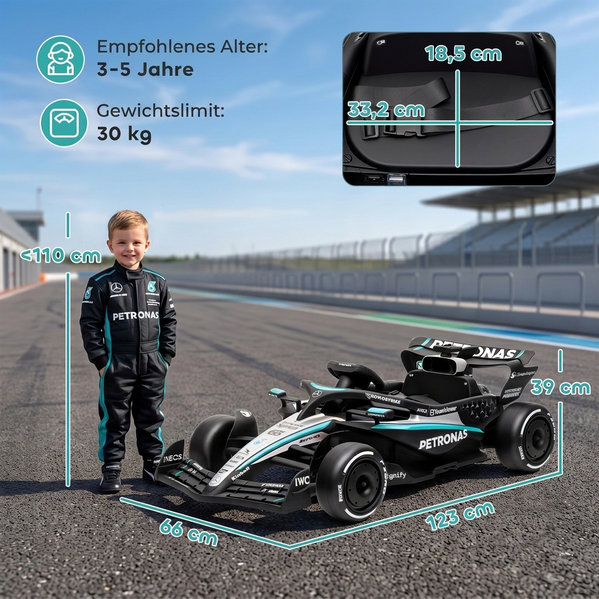 Elektrinis kartingas vaikams, licencijuotas Mercedes-AMG PETRONAS F1, su ličio akumuliatoriumi, juodas, sidabrinis ir mėlynas, 123 × 66 × 39 cm 2