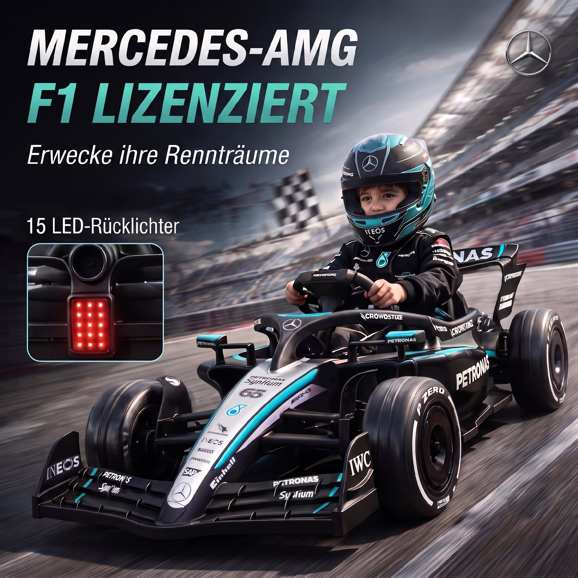 Elektrinis kartingas vaikams, licencijuotas Mercedes-AMG PETRONAS F1, su ličio akumuliatoriumi, juodas, sidabrinis ir mėlynas, 123 × 66 × 39 cm 3