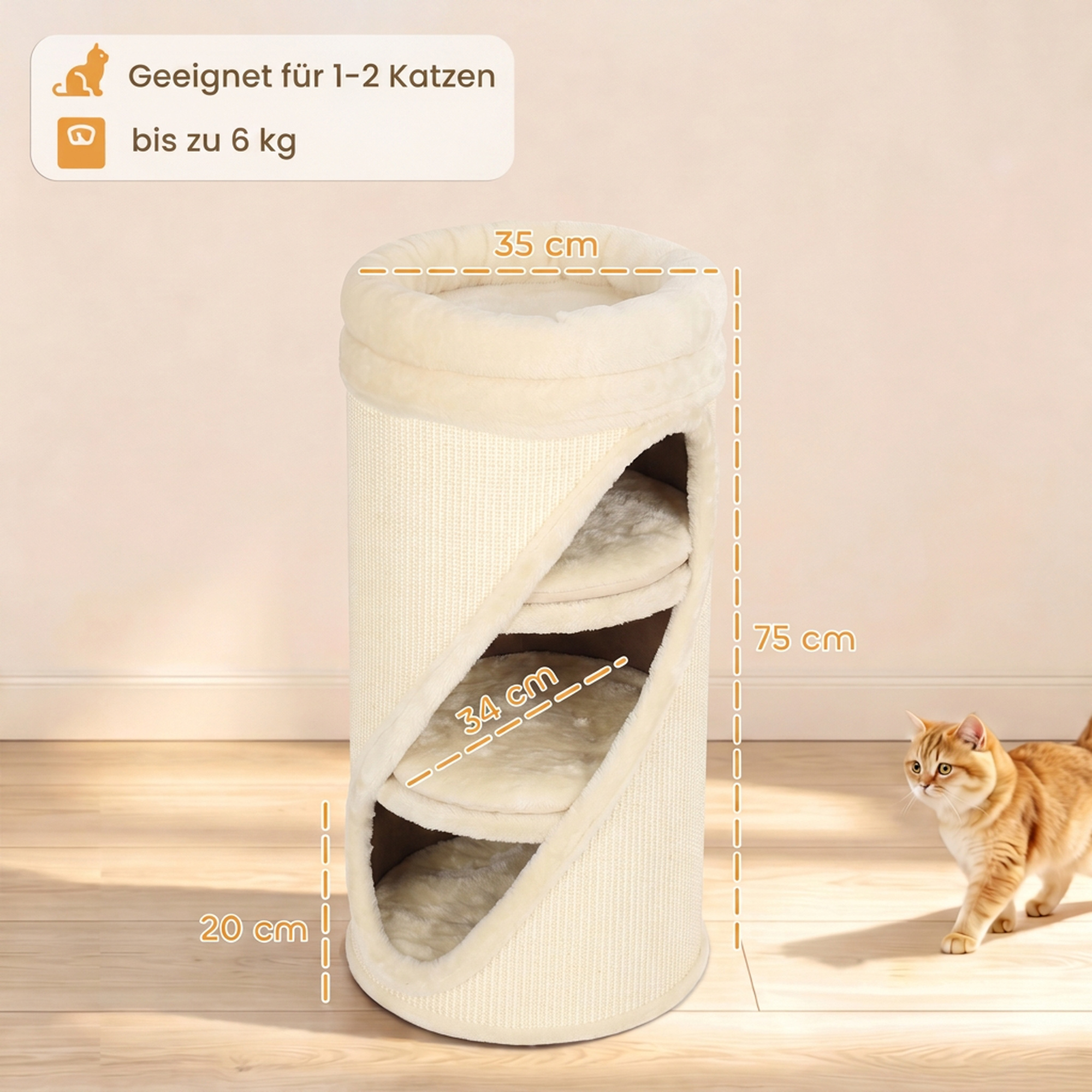 Kaķu draskātājs 4 stāvu ar noņemamu mazgājamu gultiņu, smilškrāsas, 75 cm 2