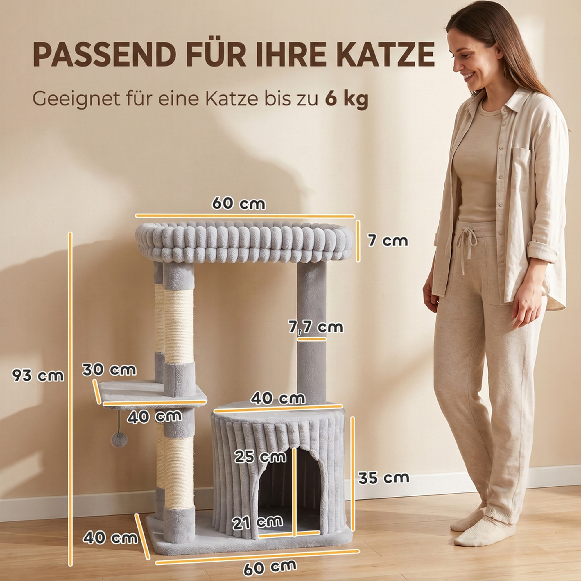 Kaķu skrāpētājs, 3 līmeņu, ar 4 sisala stabiem, pelēks un smilškrāsains, 93 cm 2