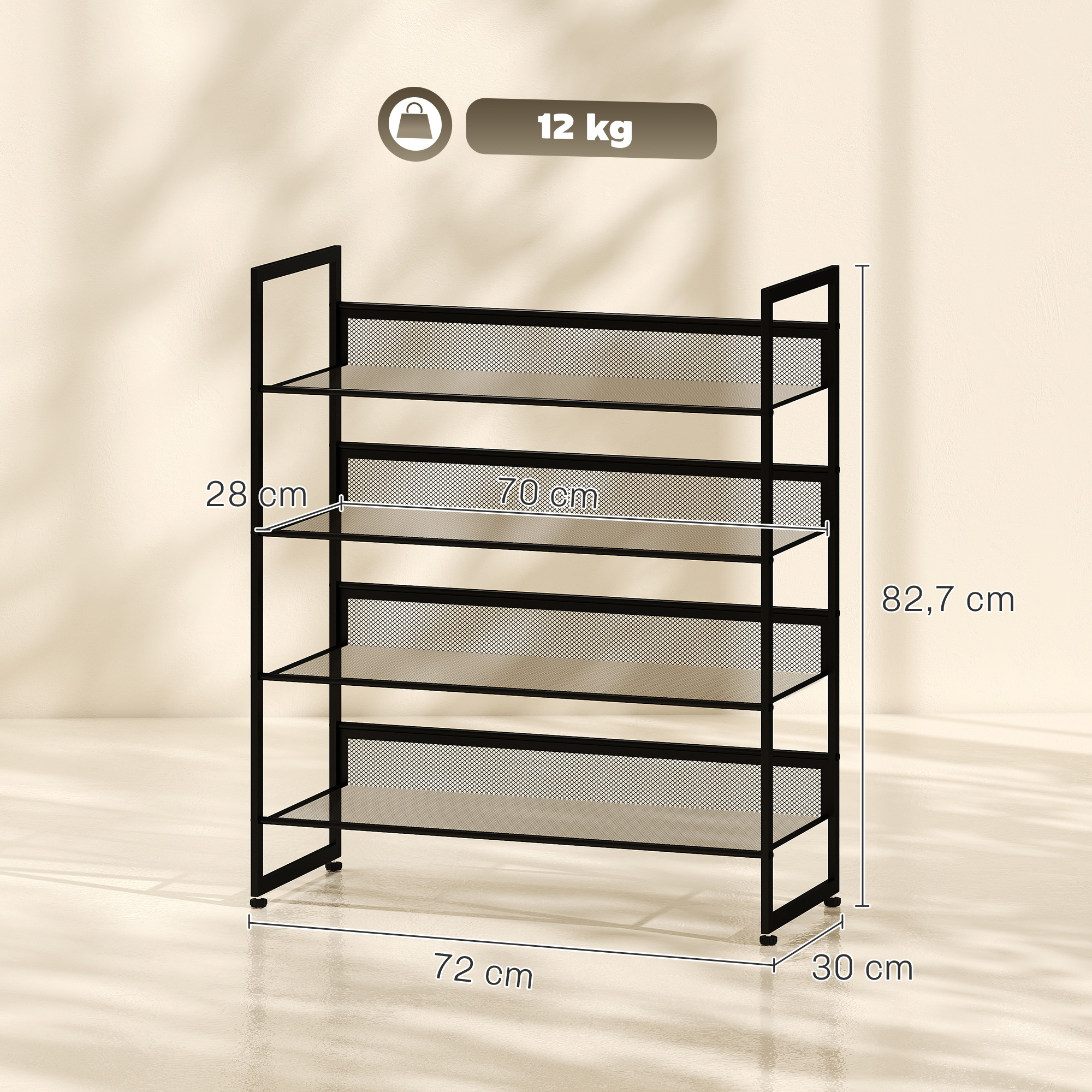 Apavu plaukts ar 4 plauktiem, melns, 72 × 30 × 82,7 cm 2
