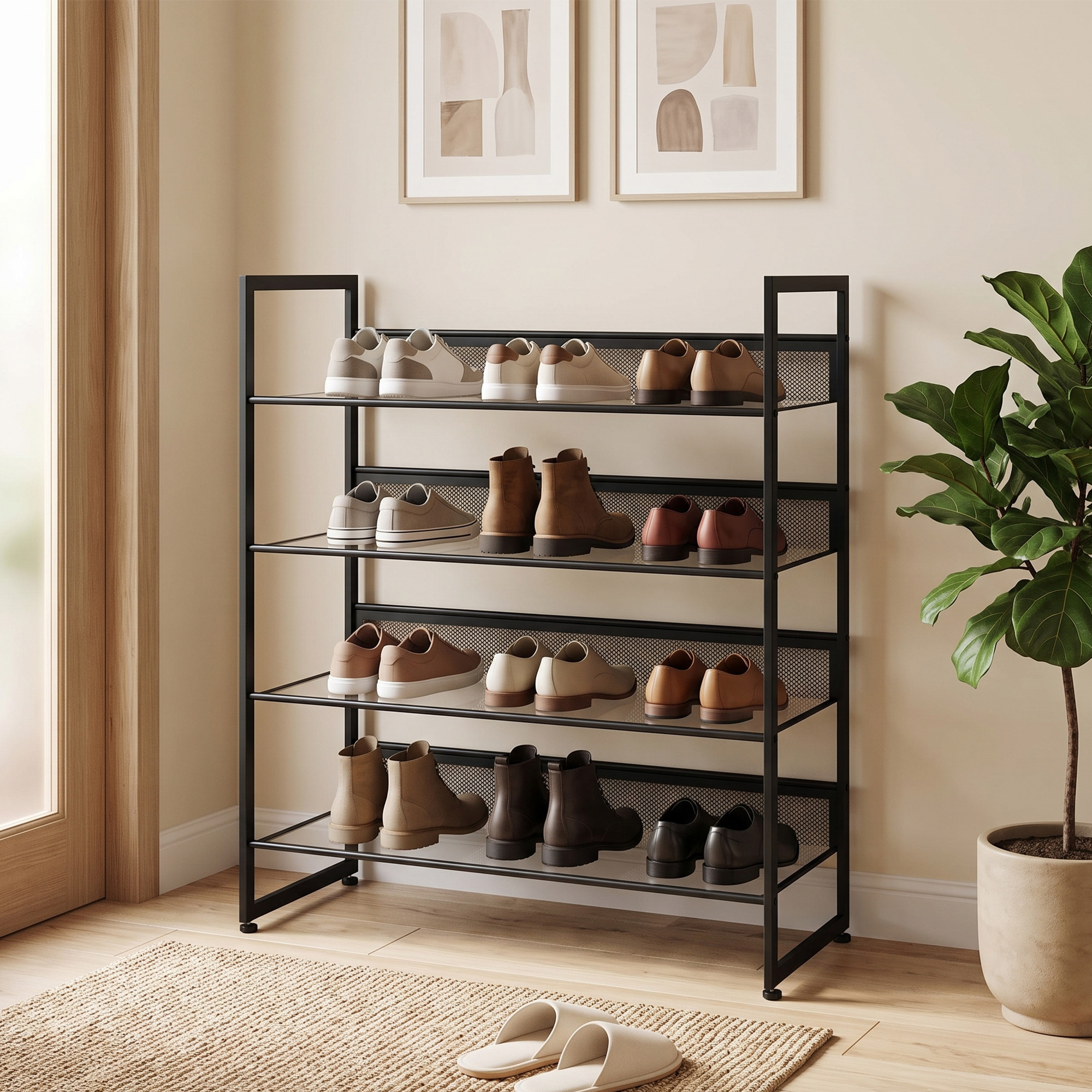 Apavu plaukts ar 4 plauktiem, melns, 72 × 30 × 82,7 cm