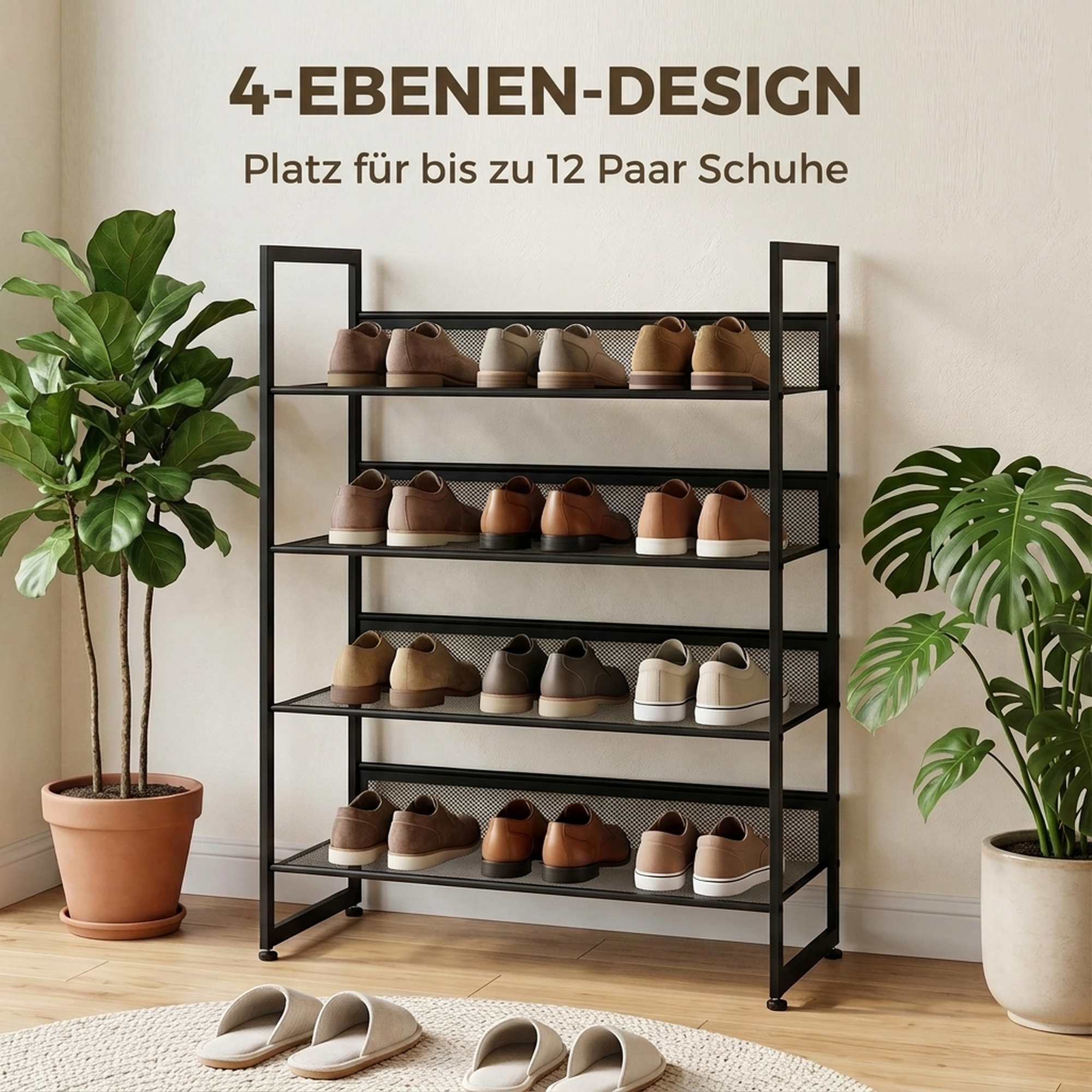 Apavu plaukts ar 4 plauktiem, melns, 72 × 30 × 82,7 cm 3