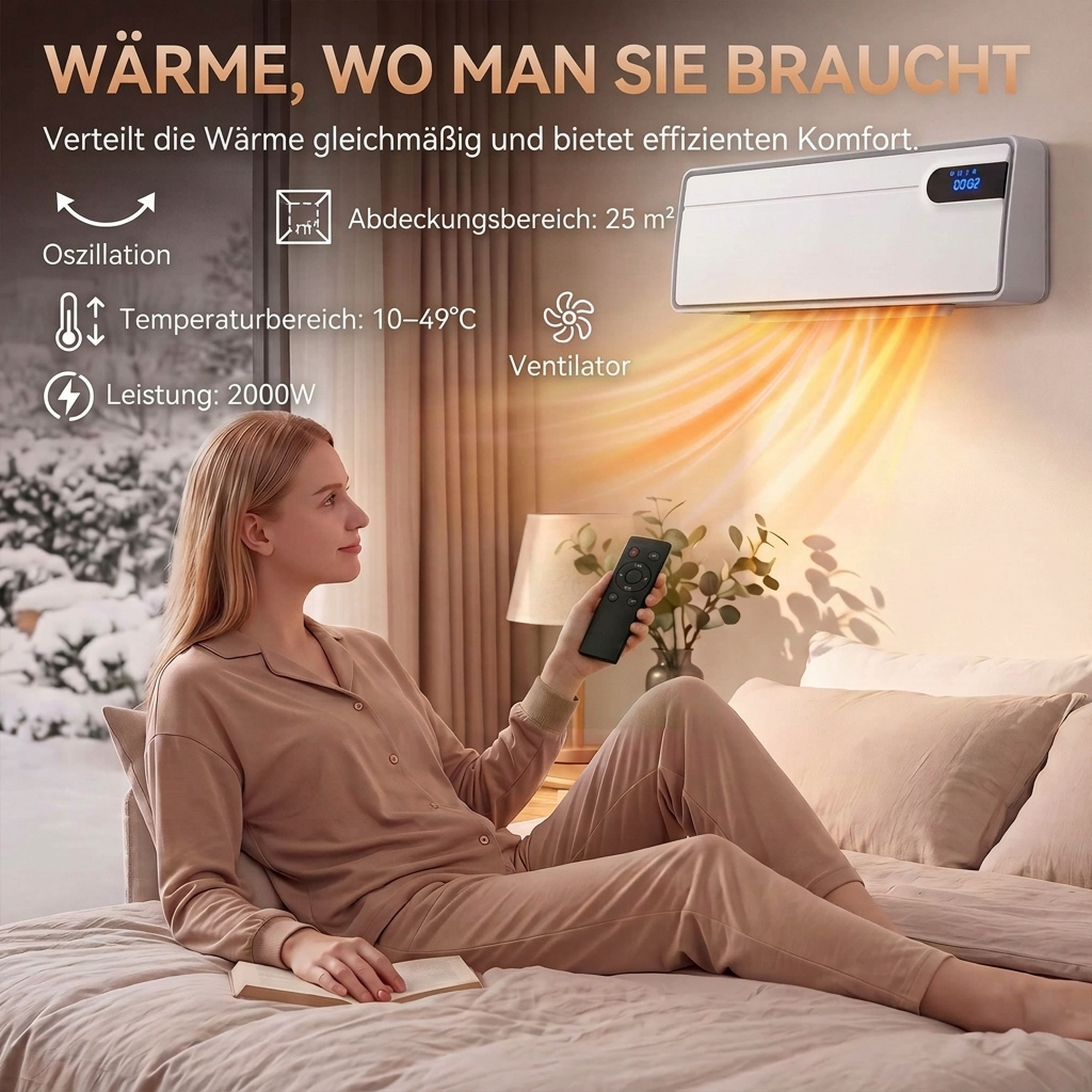 Sieninis elektrinis šildytuvas su PTC keraminiu kaitinimu ir Wi‑Fi, baltas, 50 × 14,5 × 19 cm 3