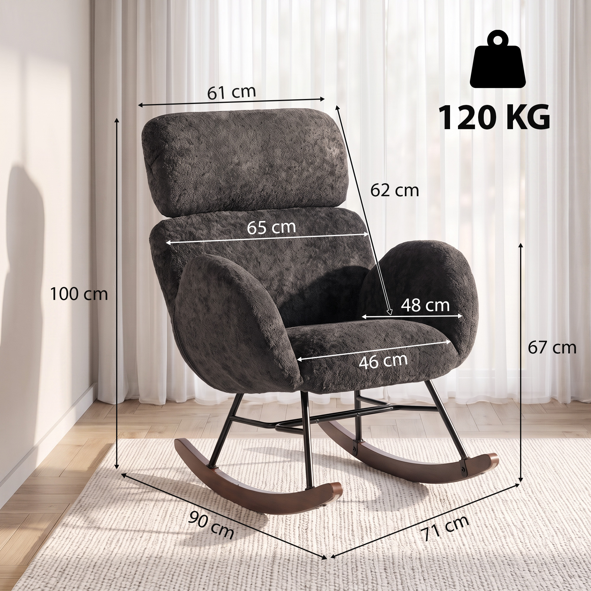 Šūpuļkrēsls ar regulējamu galvas balstu un 105° šūpošanās leņķi, tumši pelēks un valrieksta krāsas, 71 x 90 x 100 cm 2