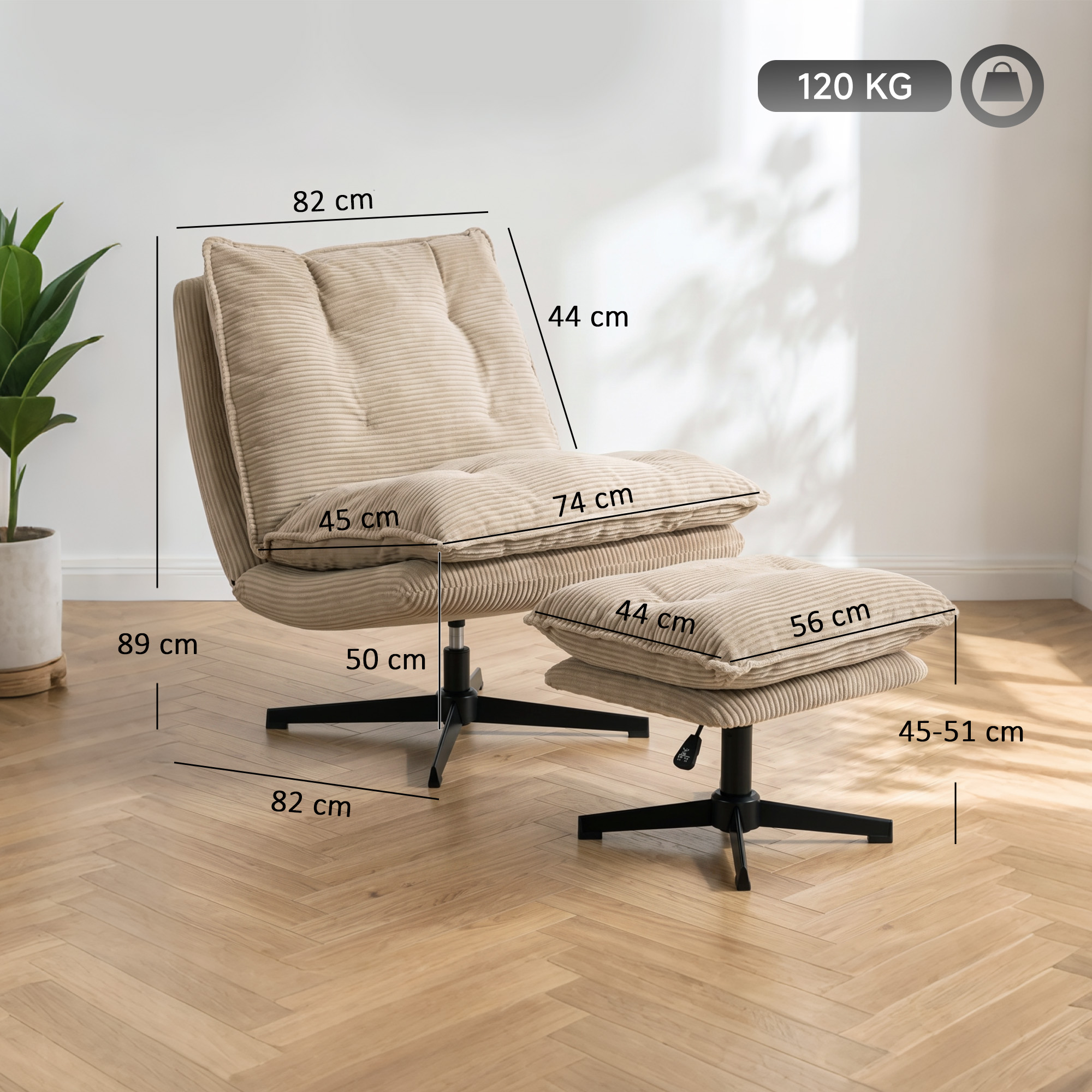 Pagriežams atpūtas krēsls ar regulējama augstuma pufu, smilškrāsas un melns, 74 × 82 × 89 cm, 2 daļas 2