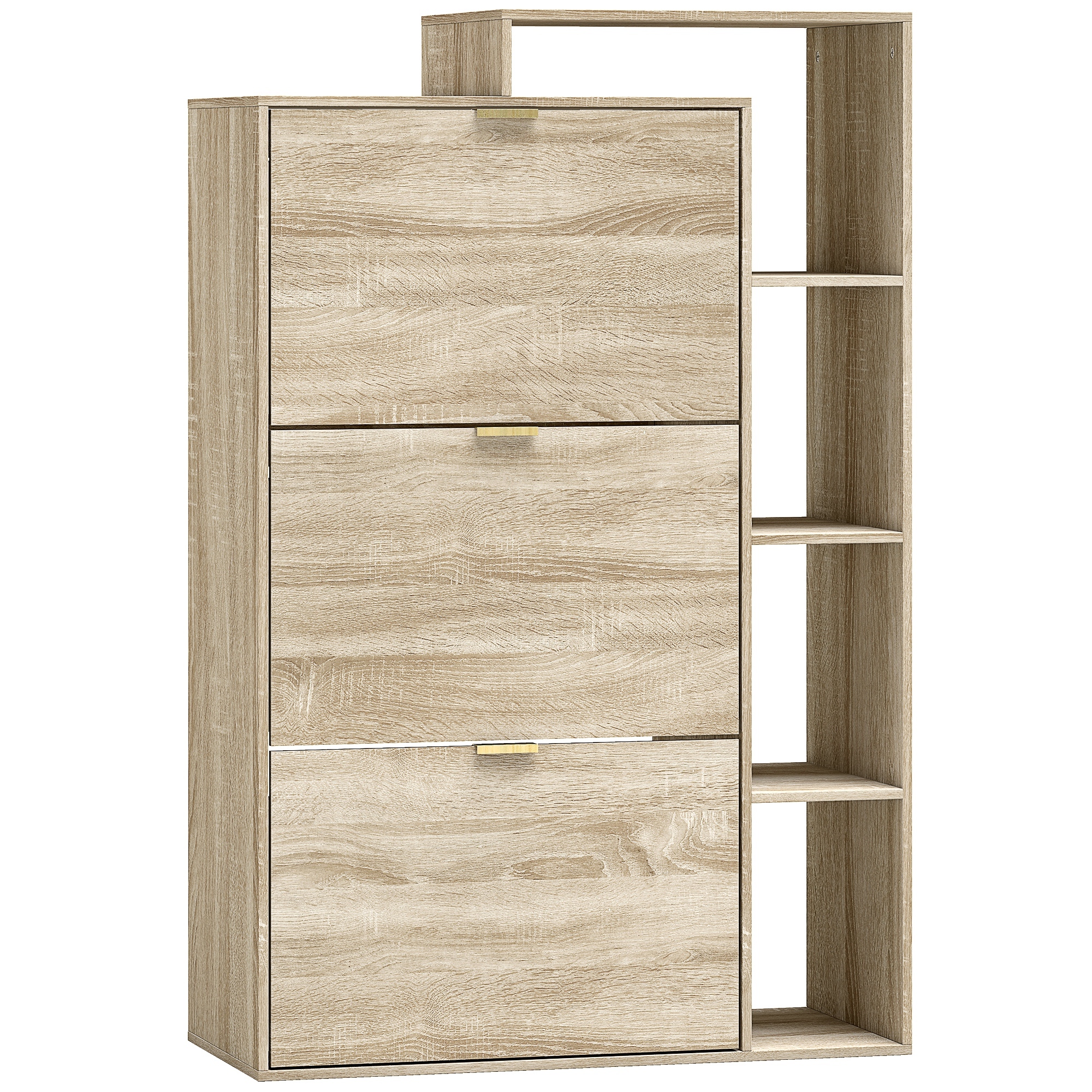 Kurpju skapis ar 3 atveramiem nodalījumiem un atklātām plauktām, dabīgā koka krāsā un zelta krāsā, 80 × 25 × 123,8 cm