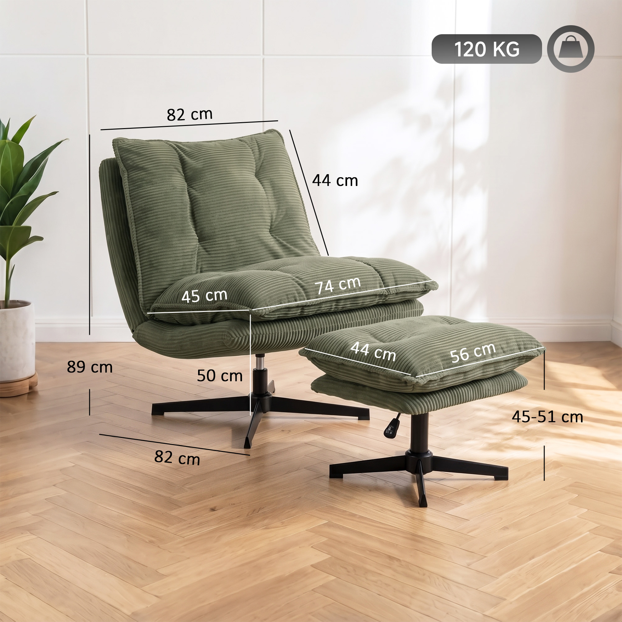 Fotelis su pufu, 360° pasukamas, žalias, 74 × 82 × 89 cm 2