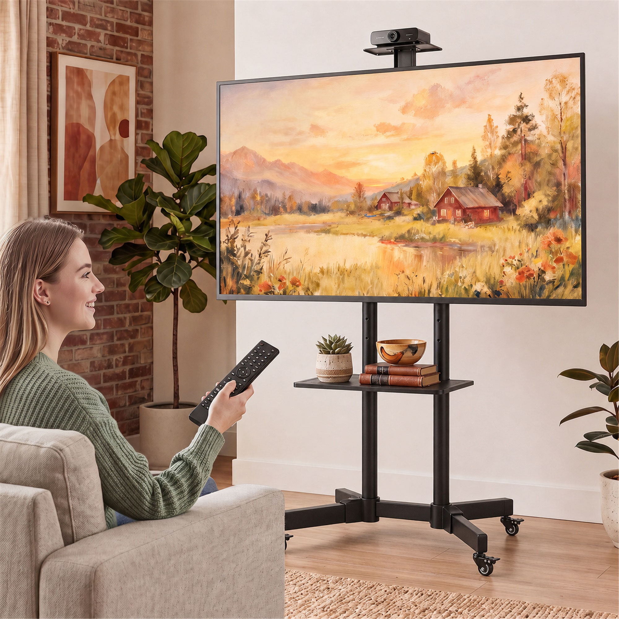 Mobilus televizoriaus stovas su ratukais ir reguliuojamo aukščio, juodas, 76 × 56 × 120–187,5 cm