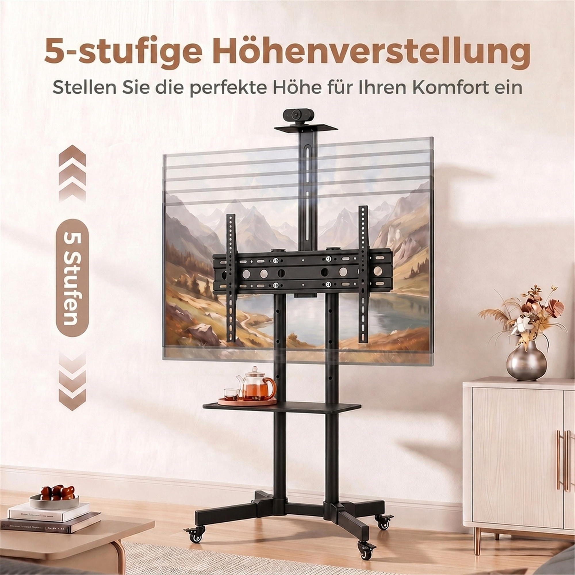 Mobilus televizoriaus stovas su ratukais ir reguliuojamo aukščio, juodas, 76 × 56 × 120–187,5 cm 3