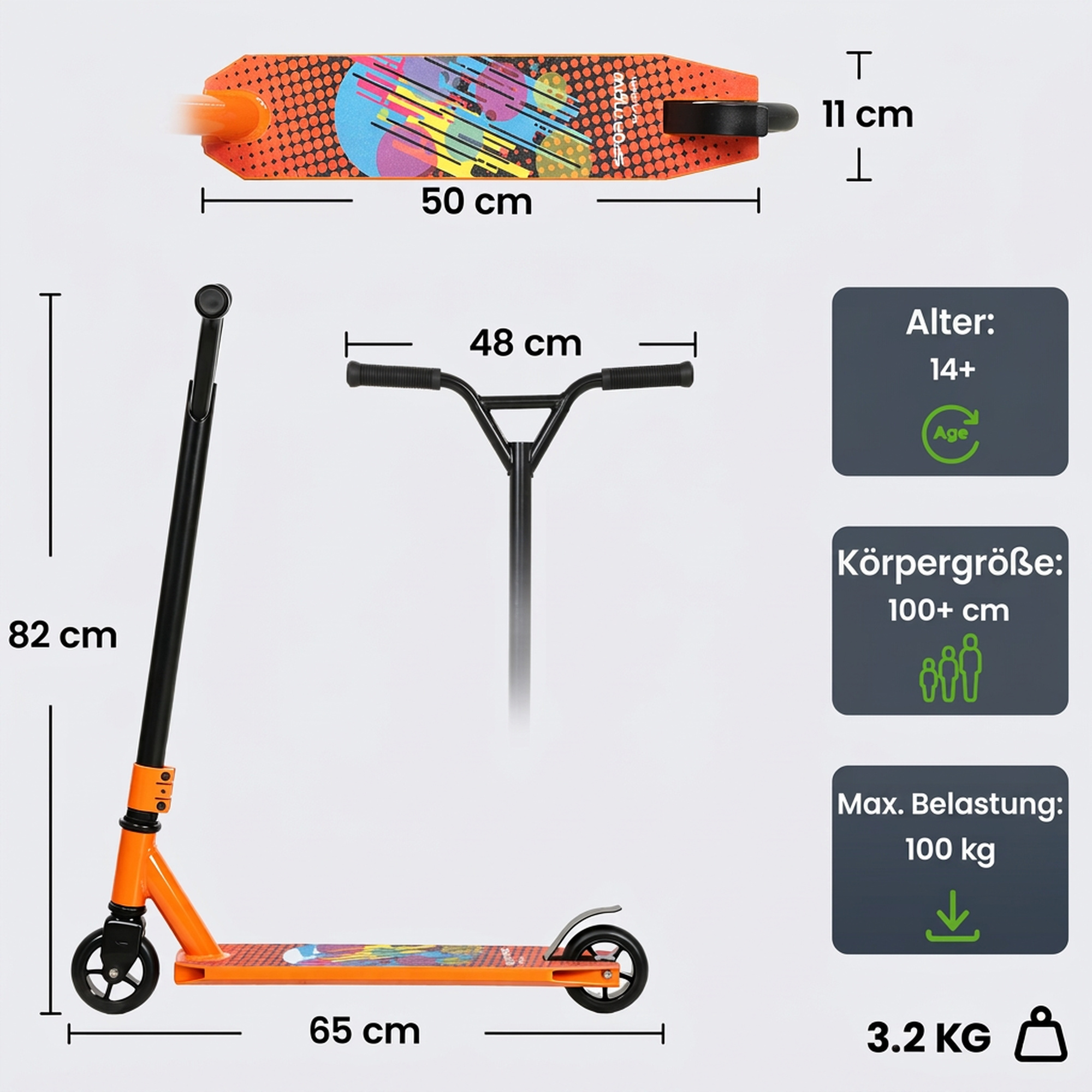 Triukinis paspirtukas su 100 mm PU ratukais ir 360° vairu, oranžinis–juodas, 65 x 48 x 82 cm 2