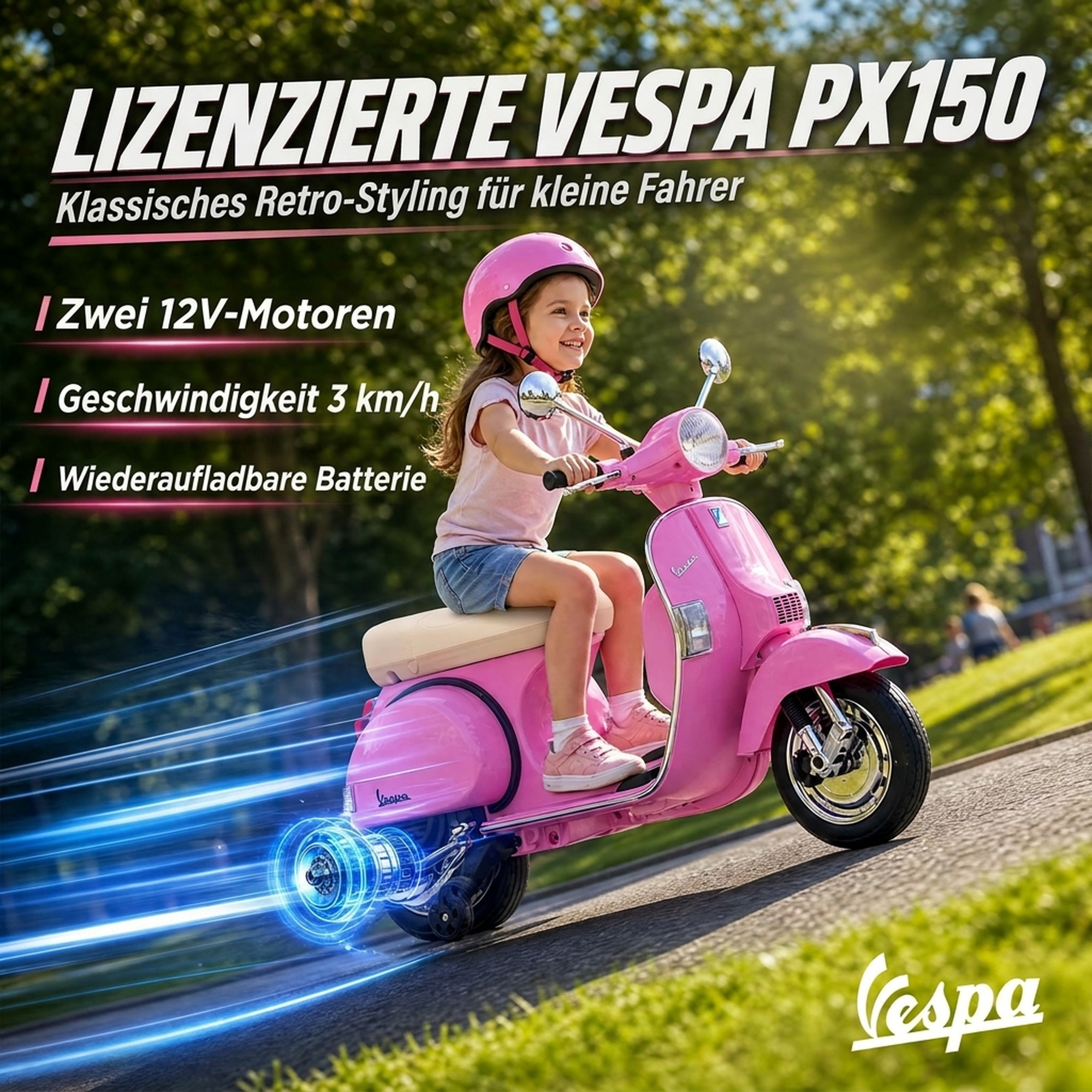 Vaikiškas elektrinis motociklas Vespa PX150, rožinis, 107 × 51 × 80 cm 3