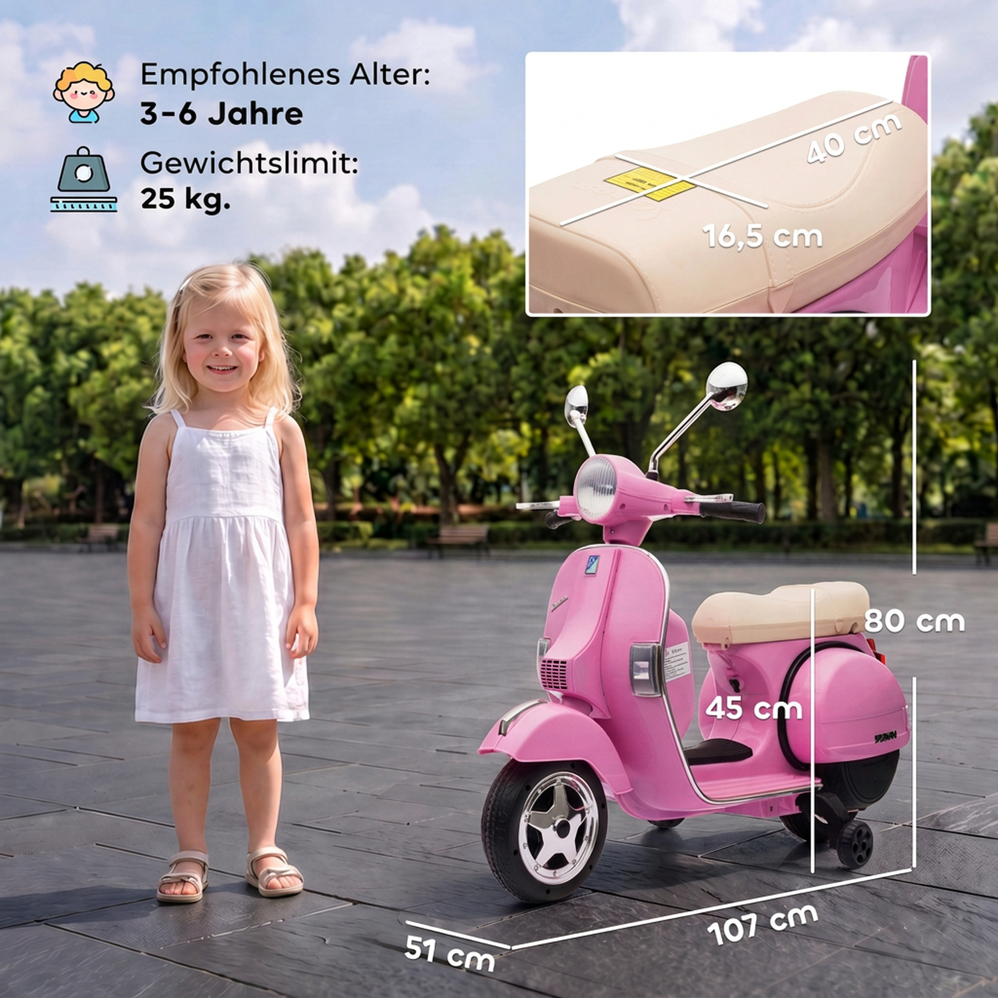 Vaikiškas elektrinis motociklas Vespa PX150, rožinis, 107 × 51 × 80 cm 2