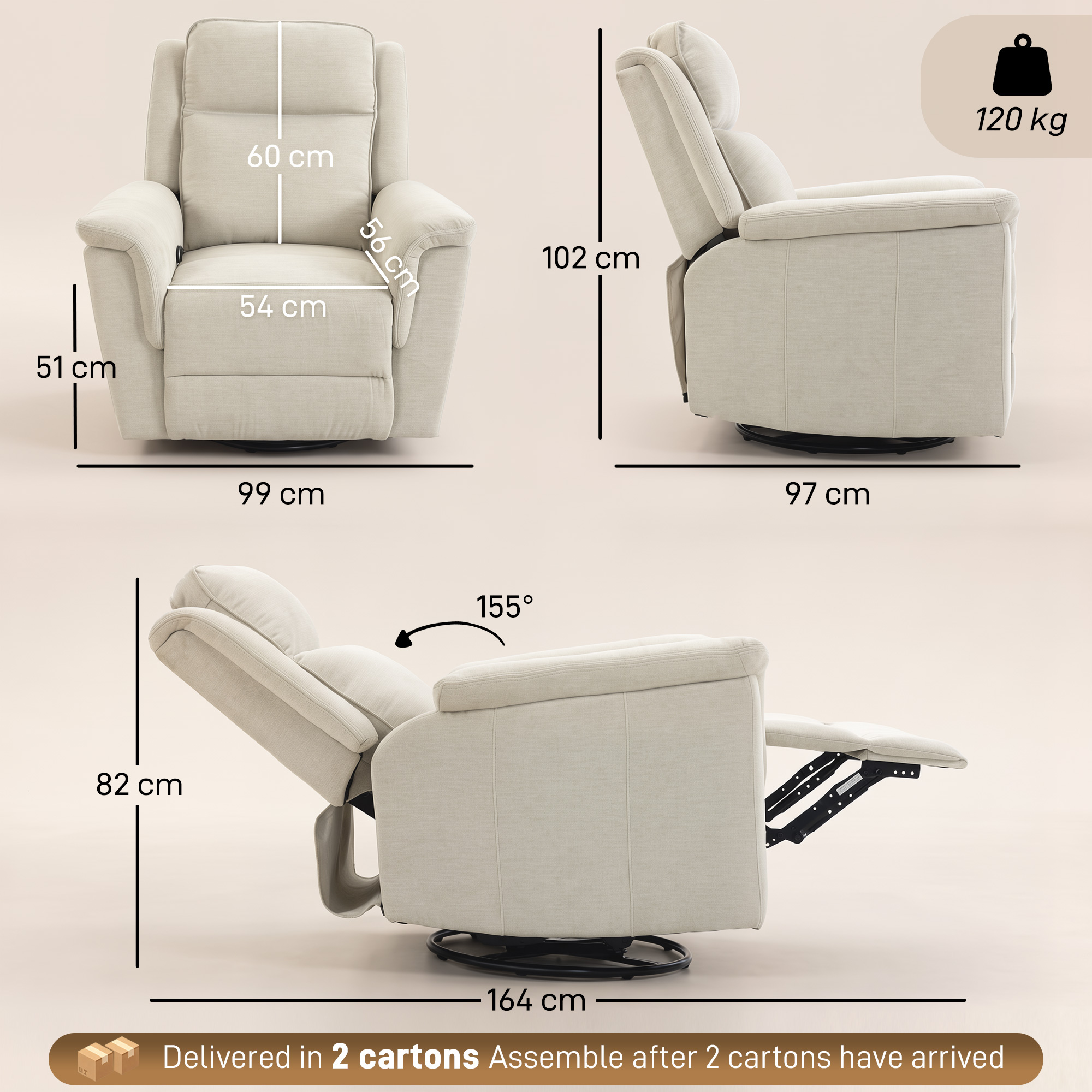 Atgāžamais krēsls ar 360° pagriešanas un šūpošanas funkcijām, krēmīgi balts, 99 × 97 × 102 cm 2