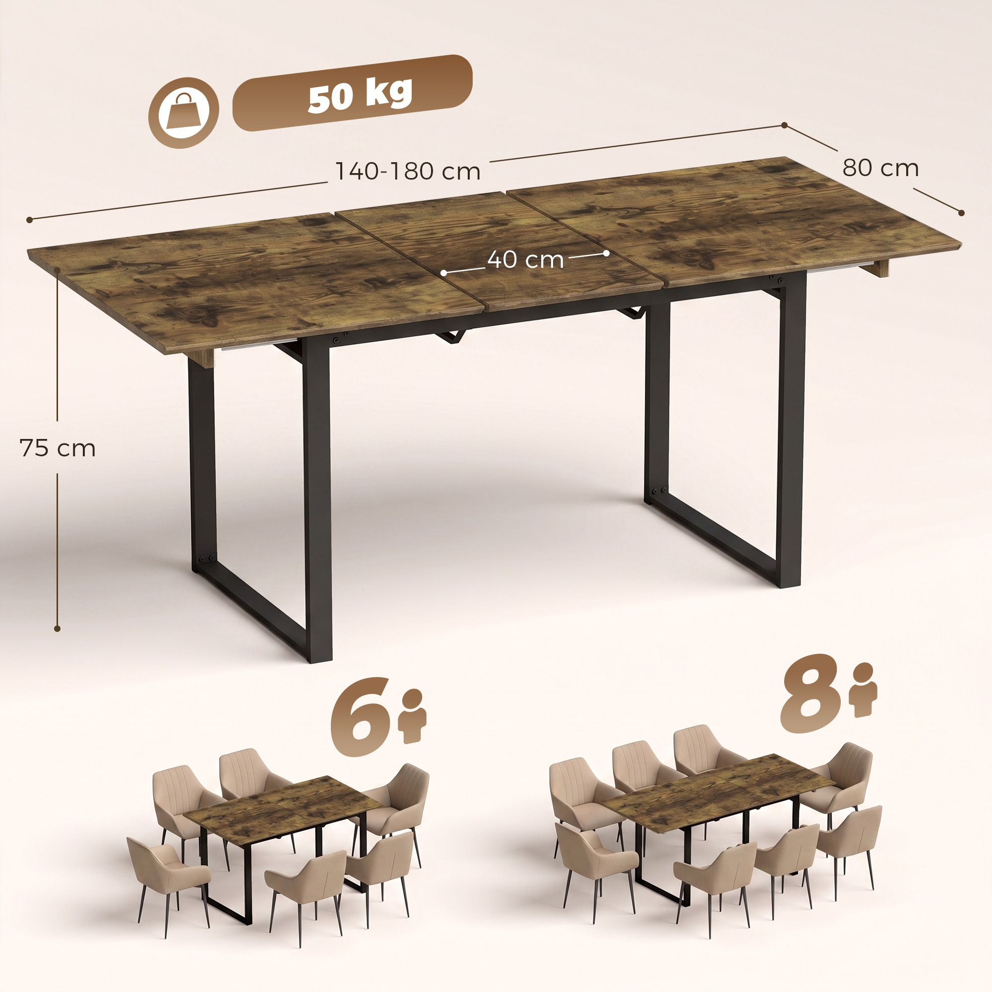 Išskleidžiamas valgomojo stalas 6–8 asmenims, su plieniniu rėmu, tigrinės medienos imitacijos ir juodas, 140–180 × 80 × 75 cm 2