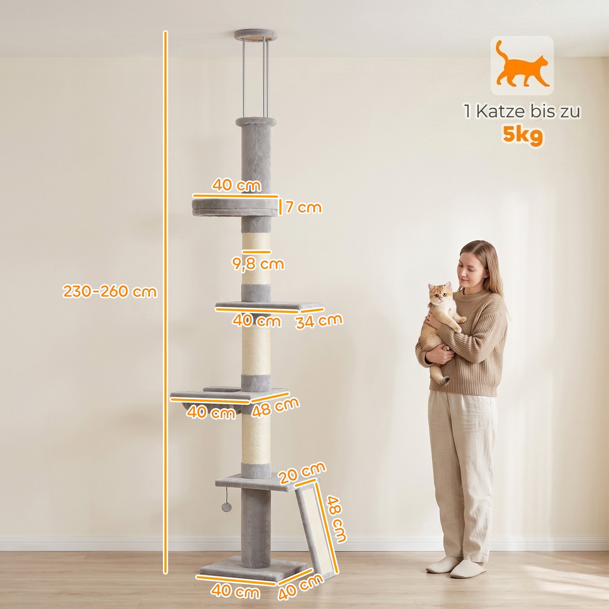 Kačių draskyklė, reguliuojamo aukščio, šviesiai pilka ir kreminė, 230–260 cm 2