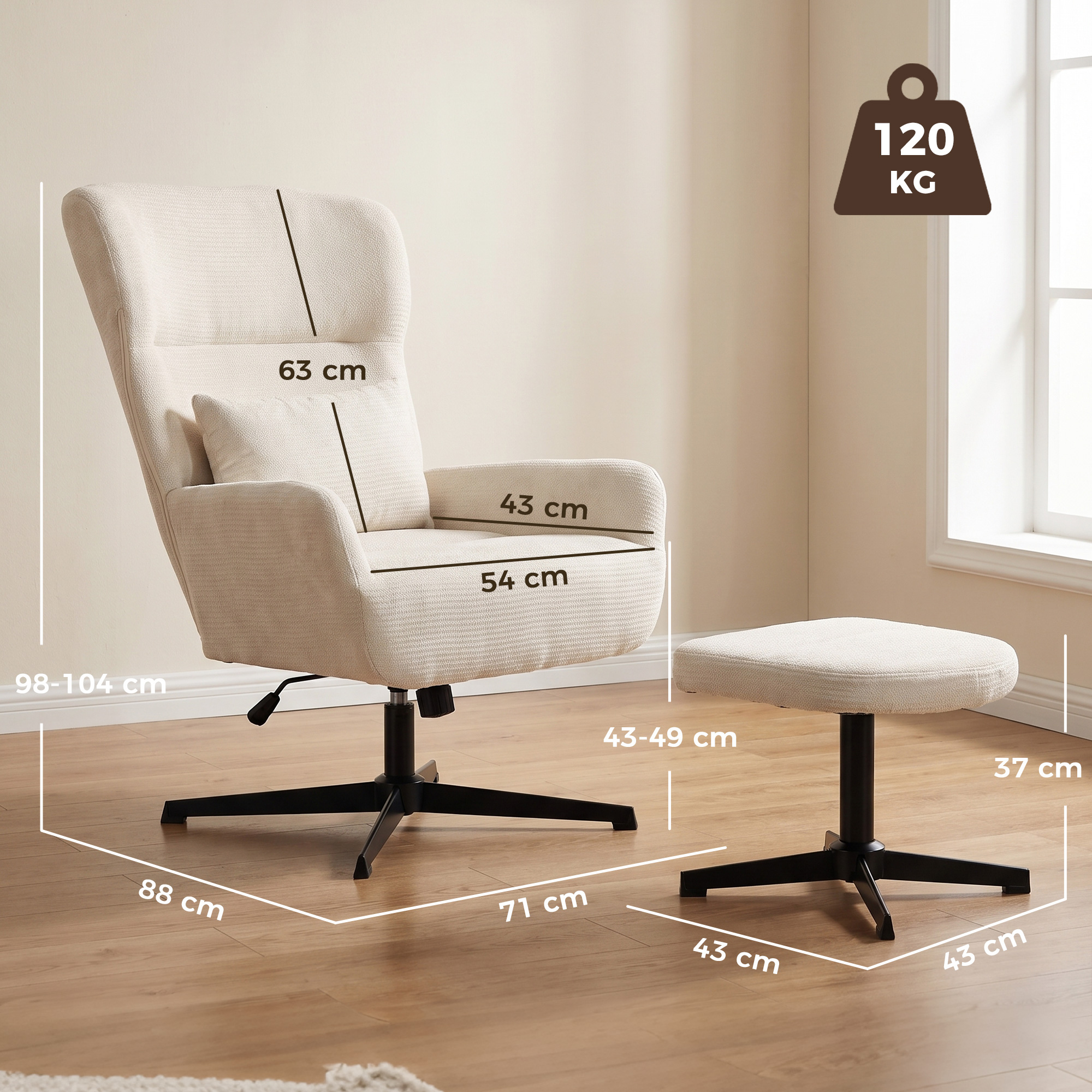 Poilsio fotelis su pakoju, 360° pasukamas, kreminės baltos spalvos, 71 × 88 × 98–104 cm, 2 dalių rinkinys 2