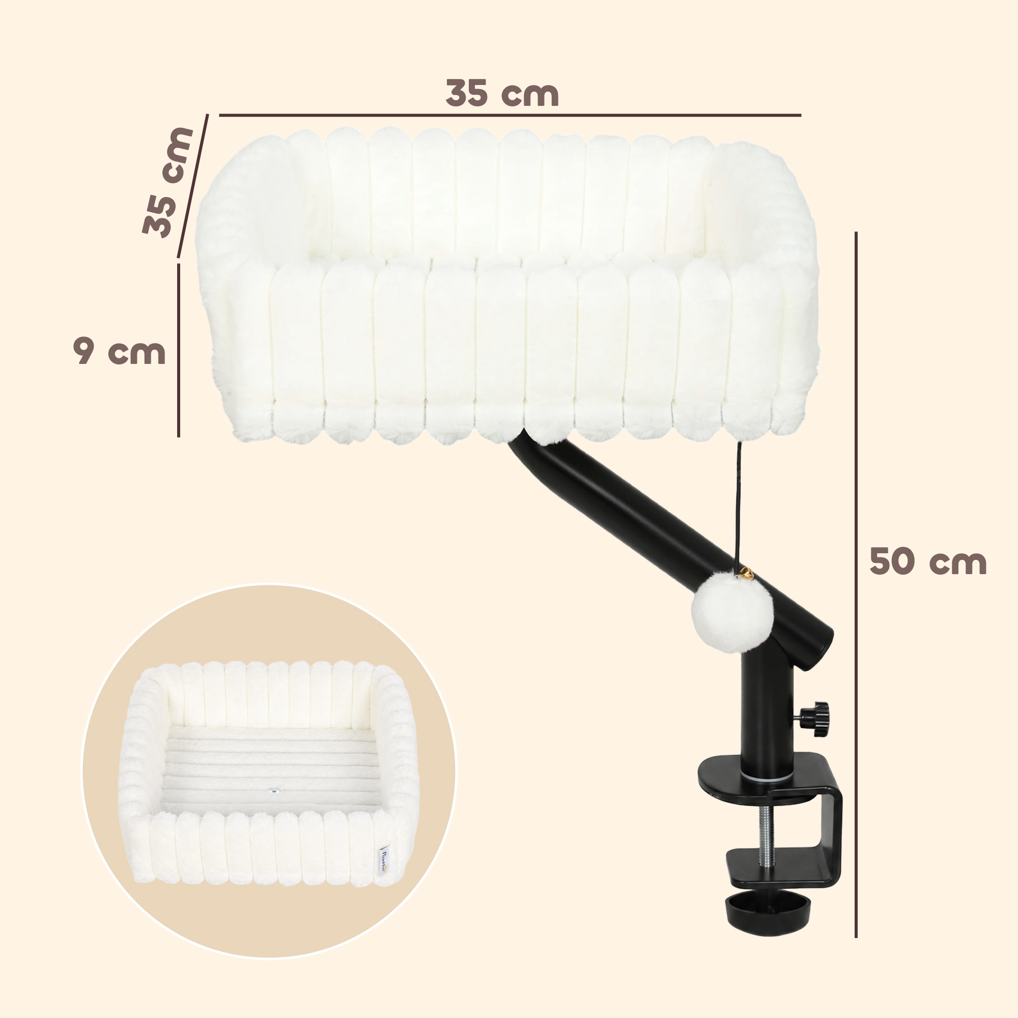 Katės guolis su reguliuojamu spaustuku ir 360° pasukamu laikikliu, baltas ir juodas, 35 × 35 × 50 cm 2