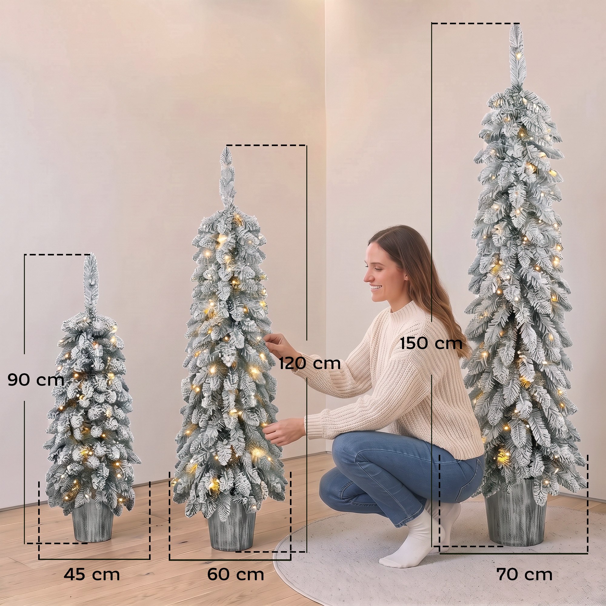 Apsnigtų dirbtinių kalėdinių eglučių rinkinys su šiltai baltu LED apšvietimu, žalias, 90–150 cm, 3 vnt. 2
