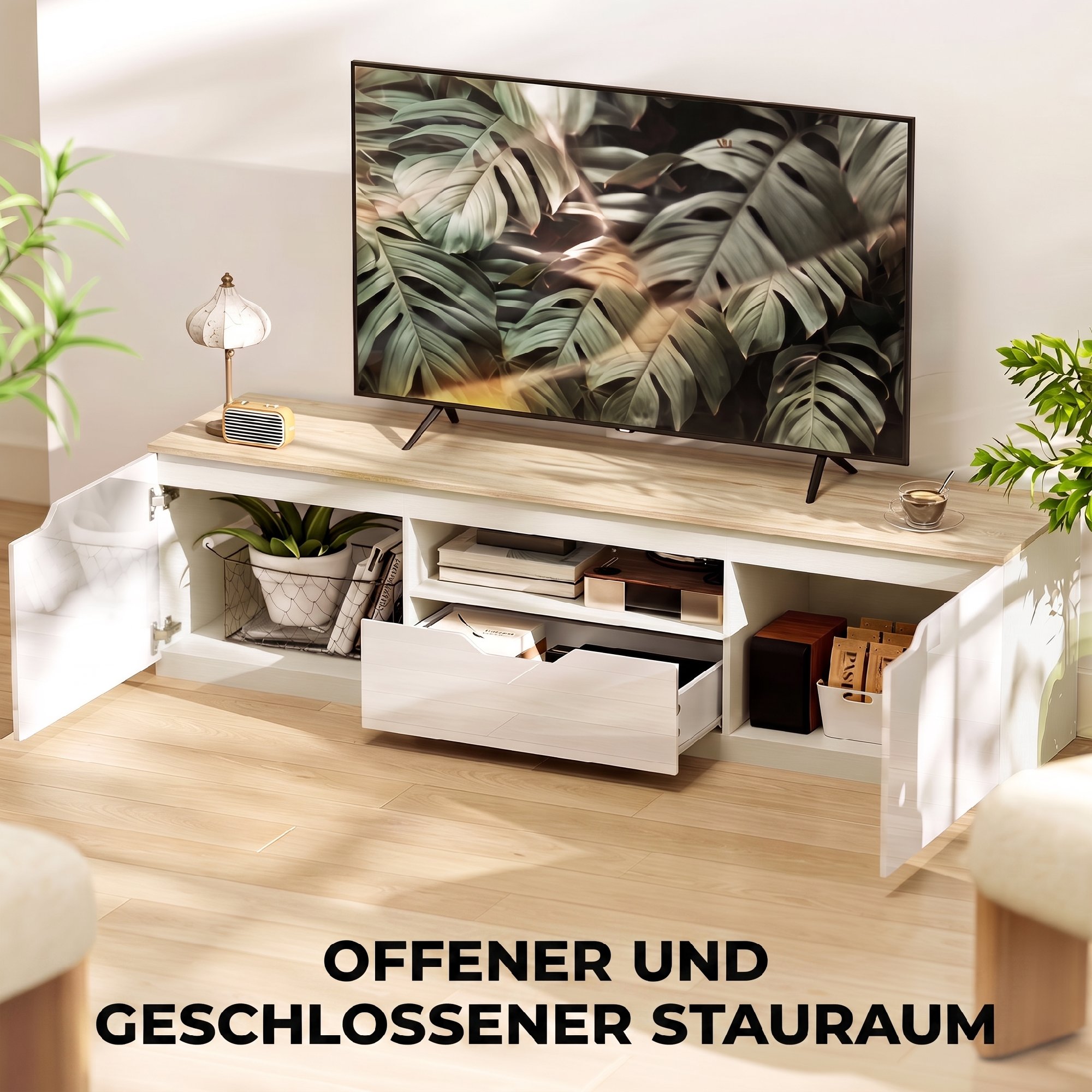 TV staliukas iki 65 col. televizoriams su kabelių angomis, natūralaus medžio spalvos, 160 × 38 × 43 cm 3