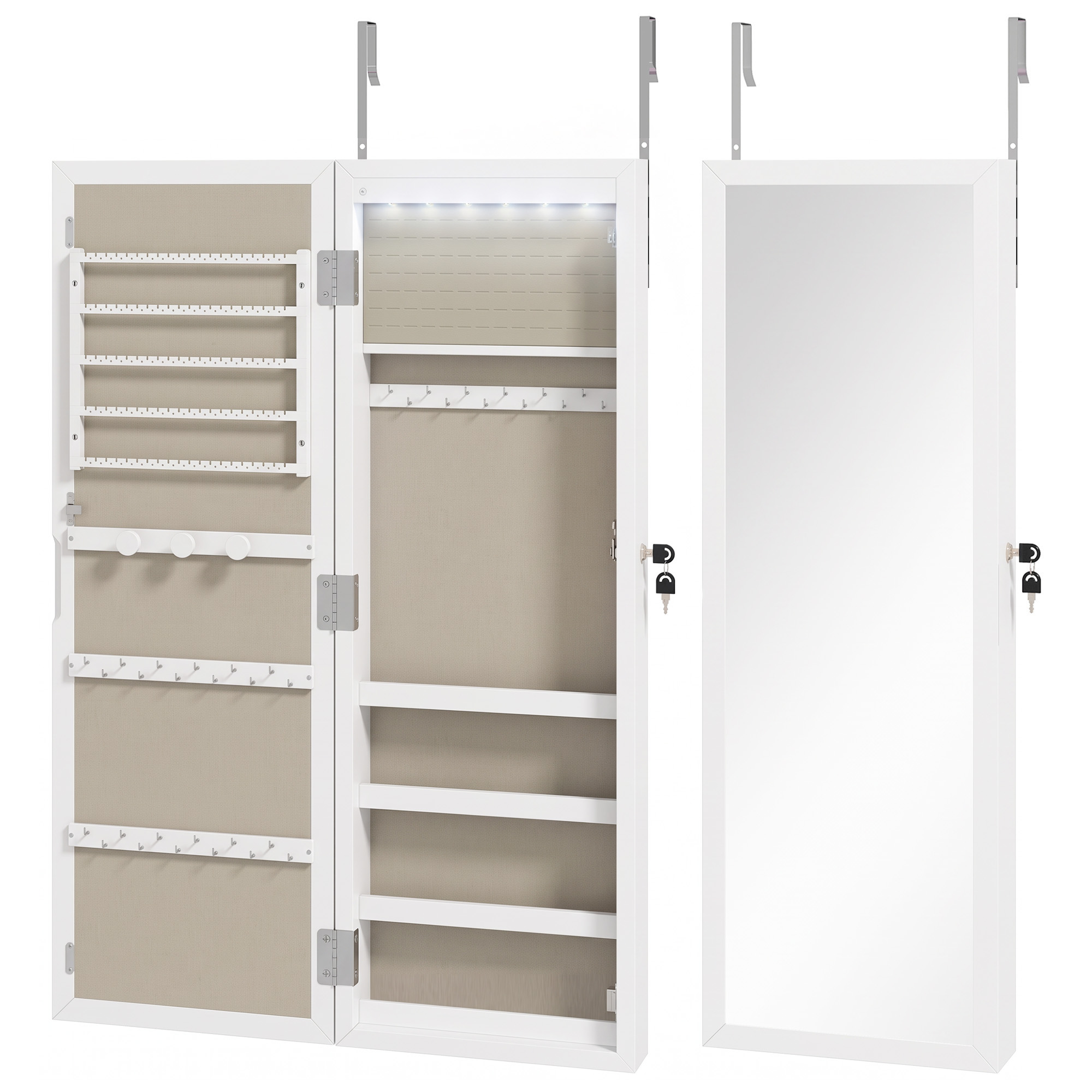 Papuošalų spintelė su veidrodžiu ir LED apšvietimu, balta, 36,7 × 9,3 × 106,7 cm