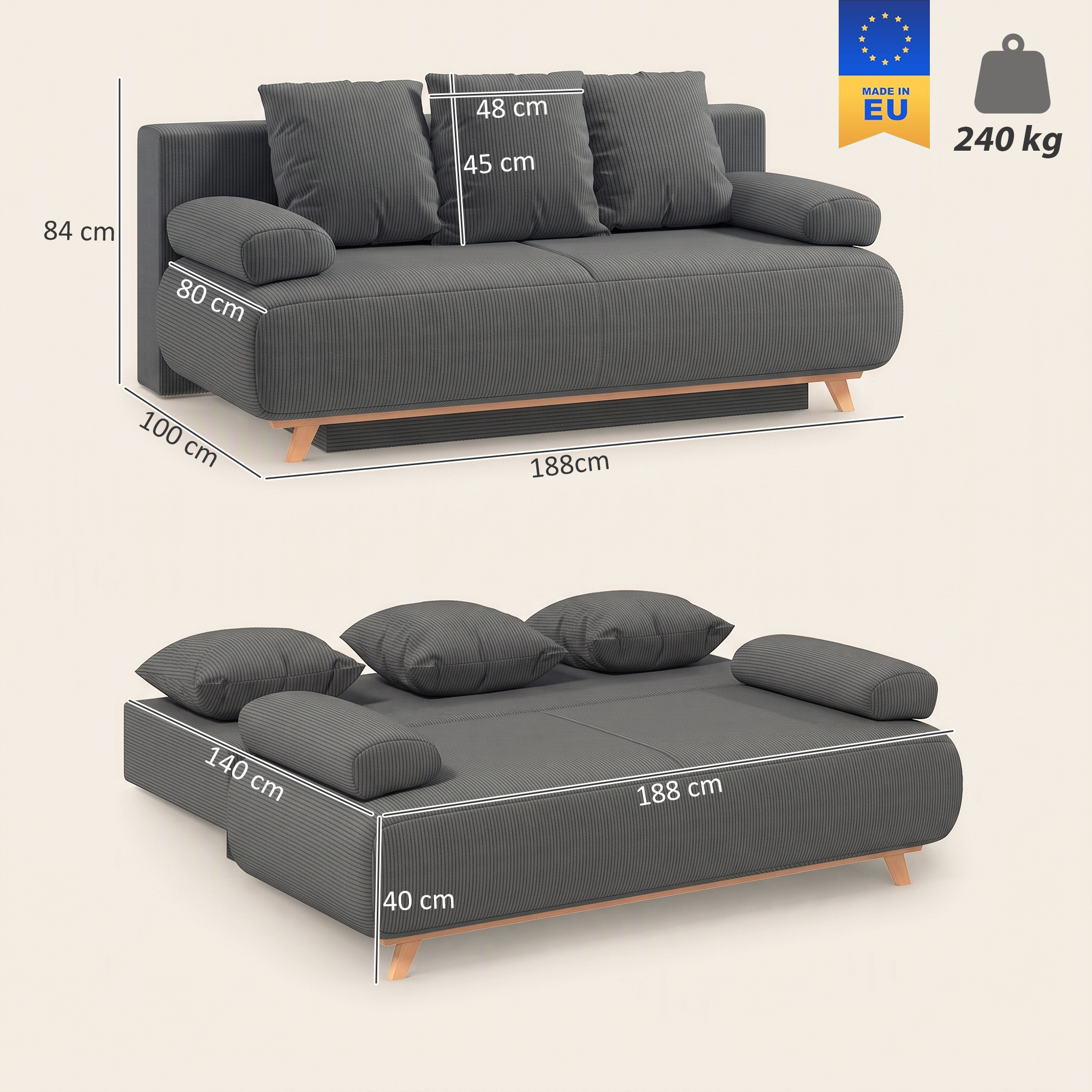 Sofa-lova su patalynės dėže ir velveto apmušalu, pilka, 188 × 100 × 84 cm 2