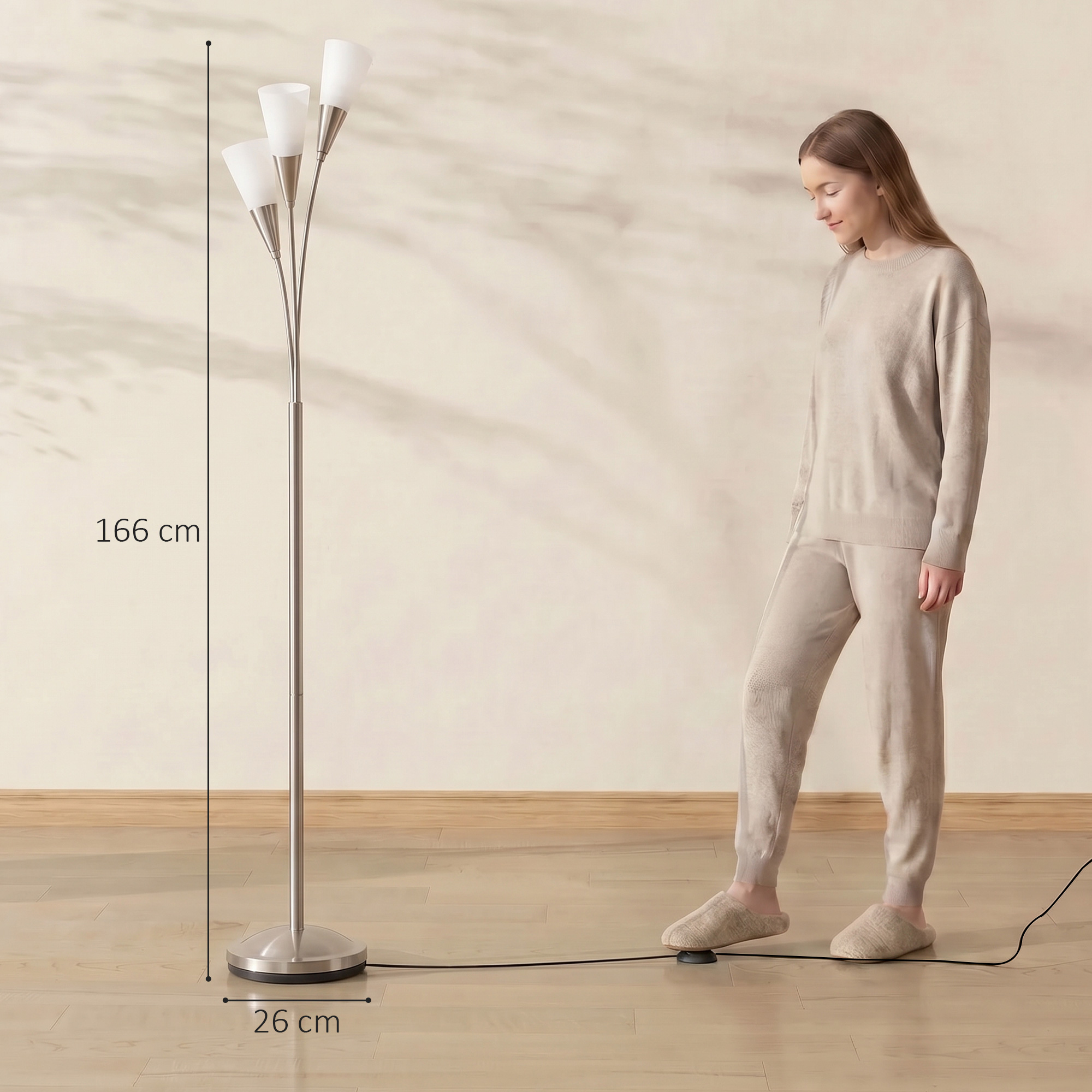 Grīdas lampa ar 3 E14 ligzdām un kājas slēdzi, sudraba / daļēji caurspīdīga balta, Ø 26 x 166 cm 2