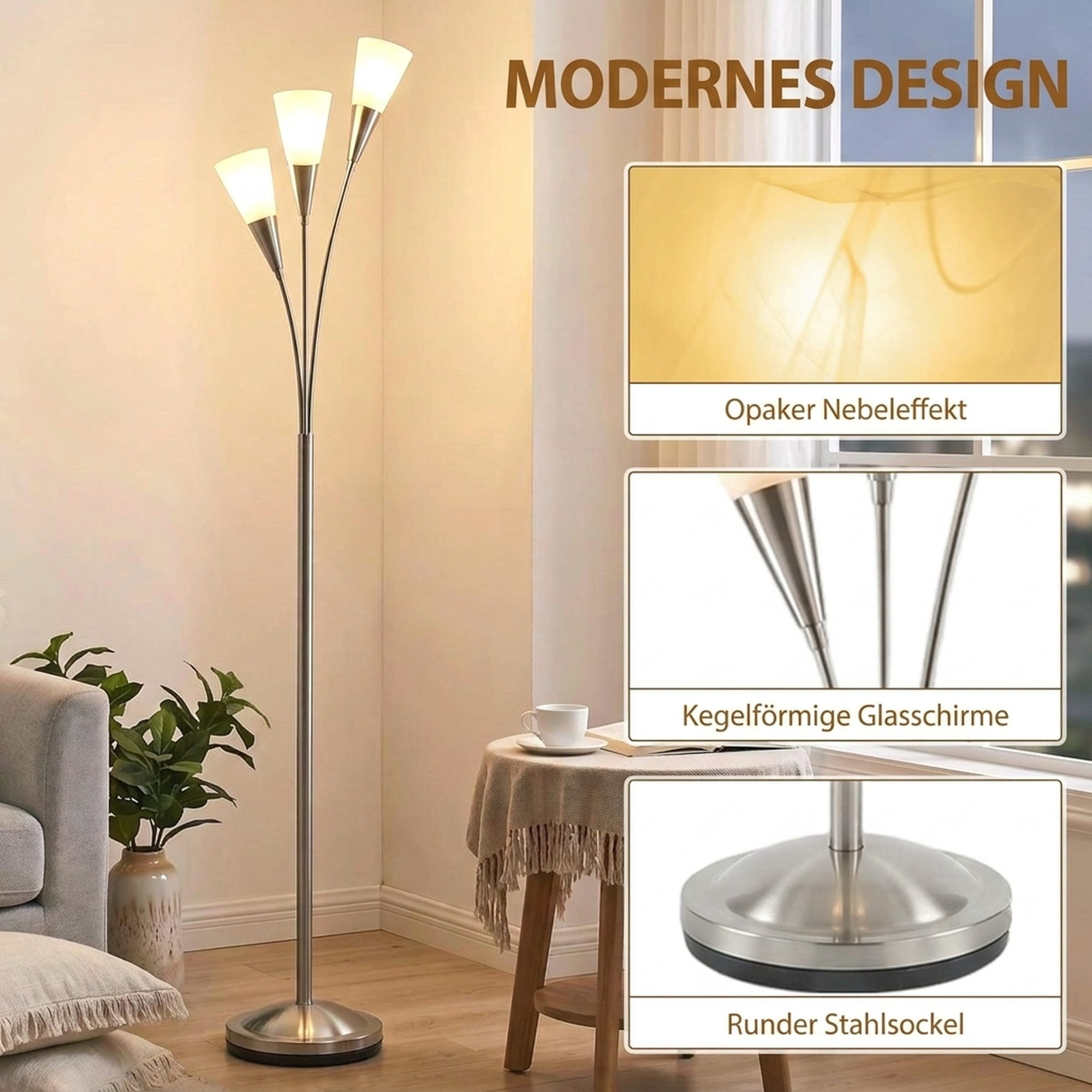 Grīdas lampa ar 3 E14 ligzdām un kājas slēdzi, sudraba / daļēji caurspīdīga balta, Ø 26 x 166 cm 3