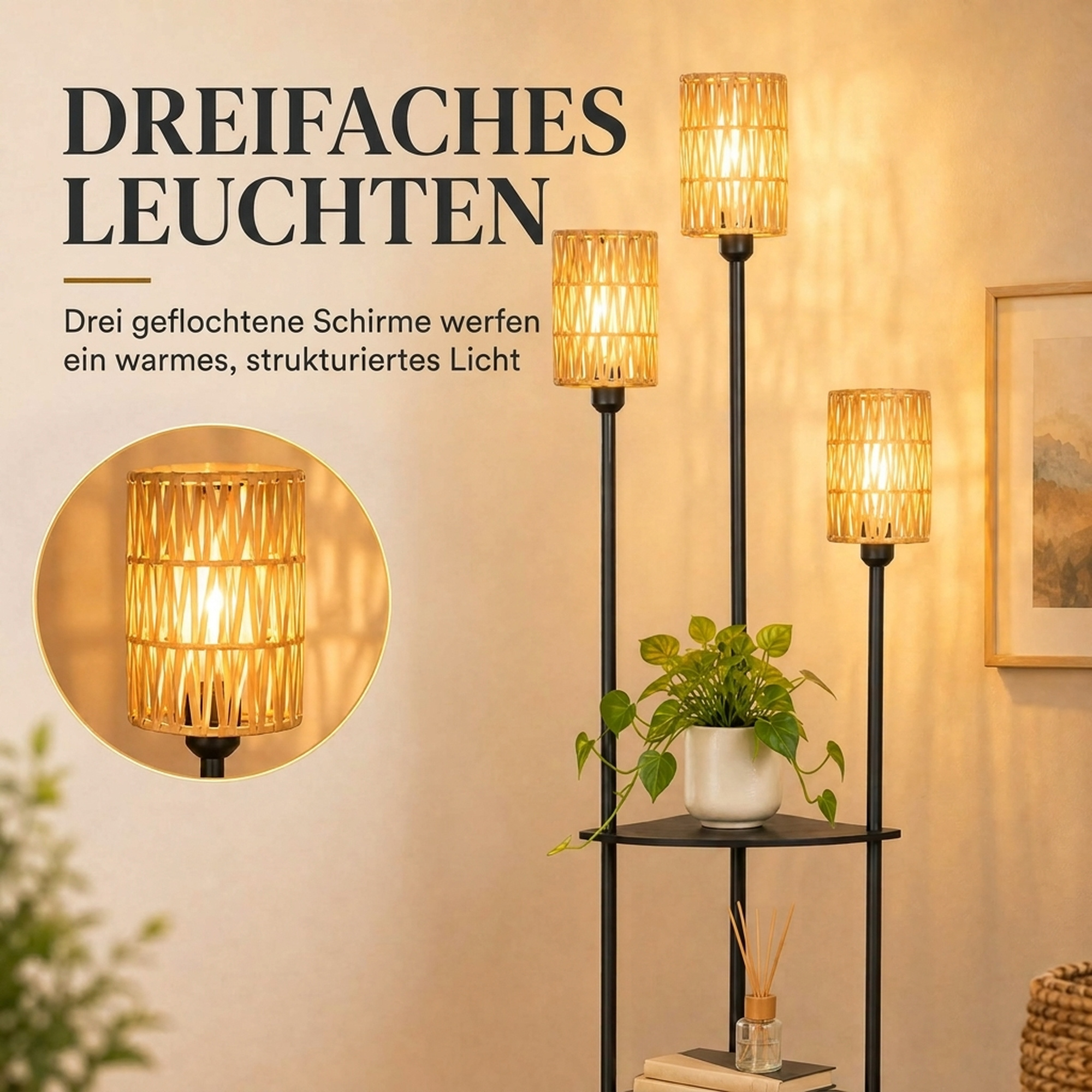 Grīdas lampa ar 3 plauktiem un 3 E27 ligzdām, melna / dzeltena, 47 x 36 x 179 cm 3