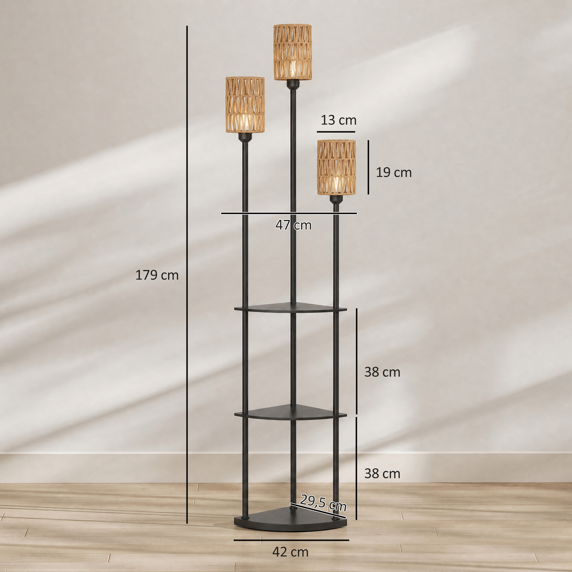 Grīdas lampa ar 3 plauktiem un 3 E27 ligzdām, melna / dzeltena, 47 x 36 x 179 cm 2