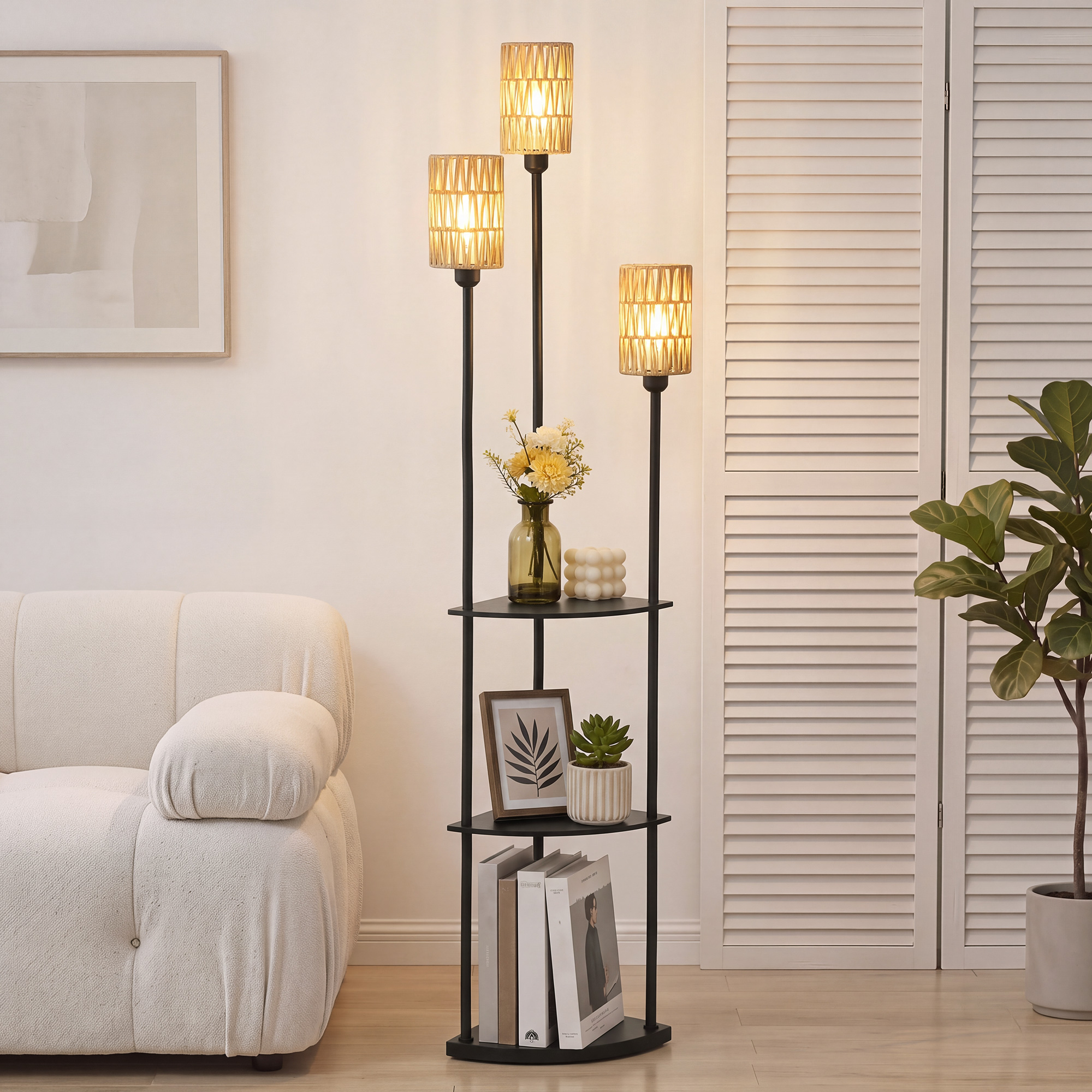 Grīdas lampa ar 3 plauktiem un 3 E27 ligzdām, melna / dzeltena, 47 x 36 x 179 cm