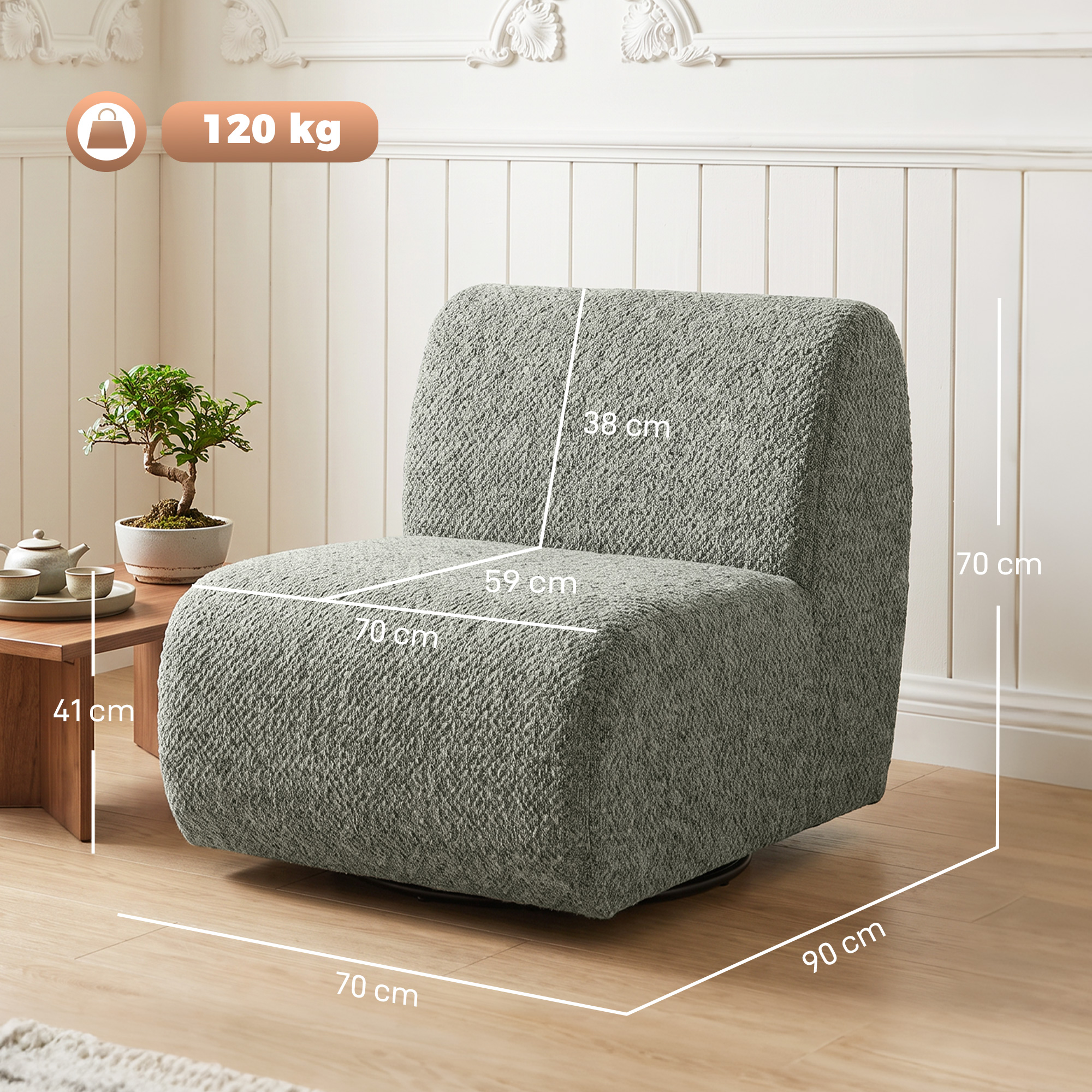 Fotelis su 360° pasukimu ir šeniliniu apmušalu, pilkas, 70 × 90 × 70 cm 2