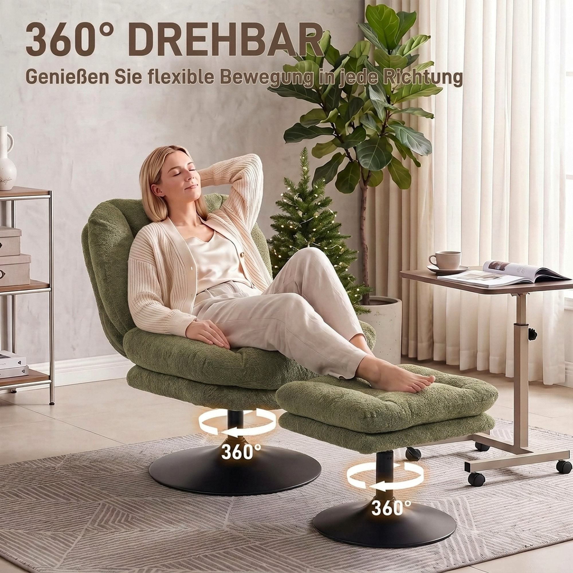 Atpūtas krēsls ar 360° pagriezienu un regulējama augstuma kāju pufu, zaļš, 72 x 92 x 90 cm 3
