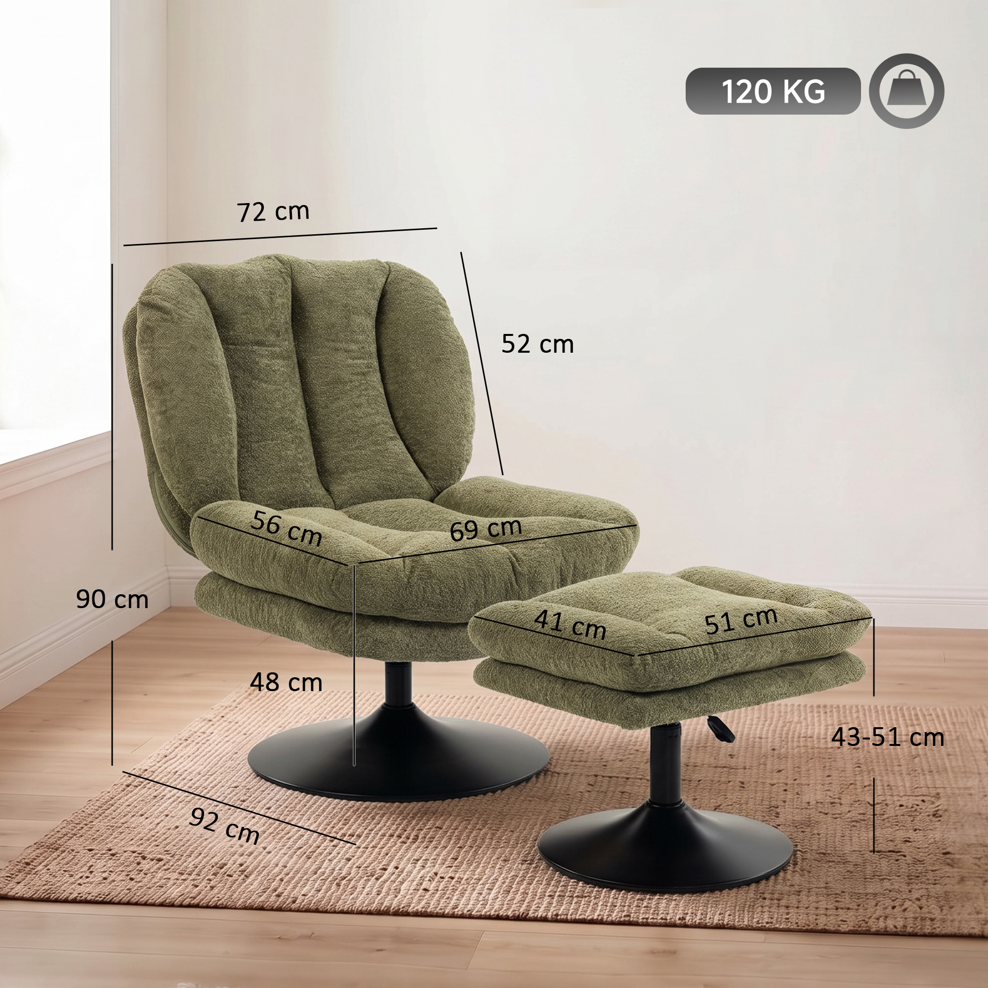 Atpūtas krēsls ar 360° pagriezienu un regulējama augstuma kāju pufu, zaļš, 72 x 92 x 90 cm 2
