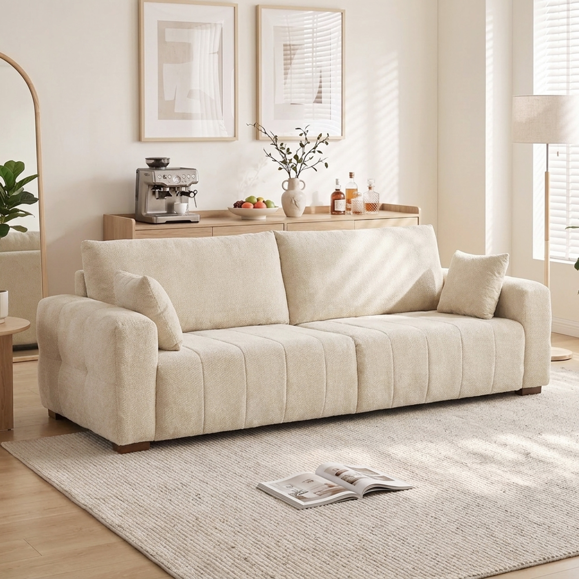 Trivietė sofa su aksominiu apmušalu, kreminė, 220 x 86 x 84 cm