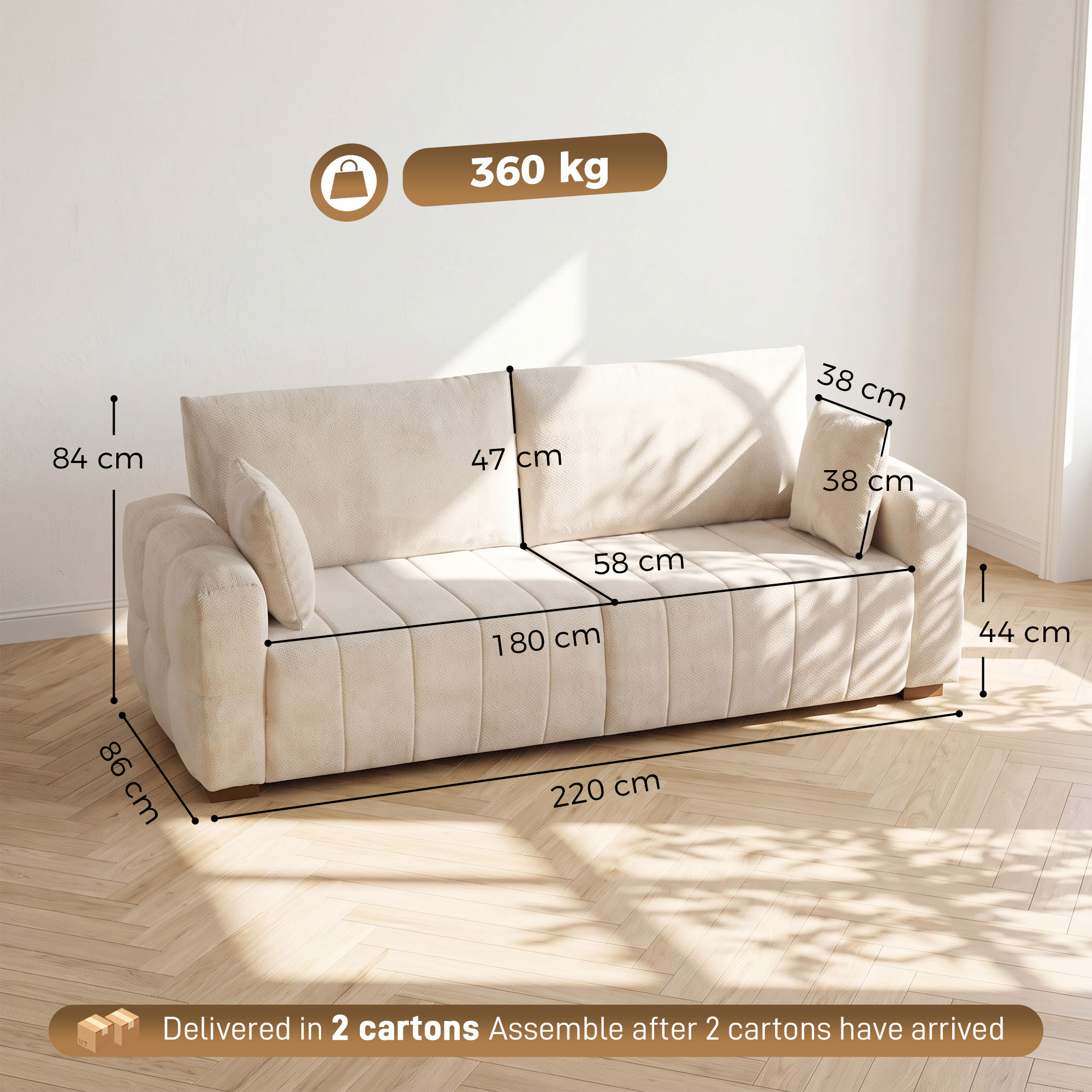 Trivietė sofa su aksominiu apmušalu, kreminė, 220 x 86 x 84 cm 2