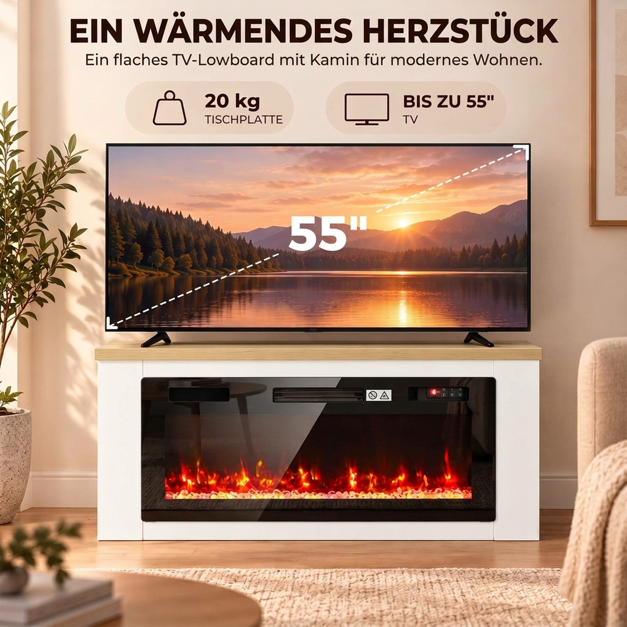 Elektrinis židinys su TV spintele, baltas, 114 × 30 × 60 cm 3