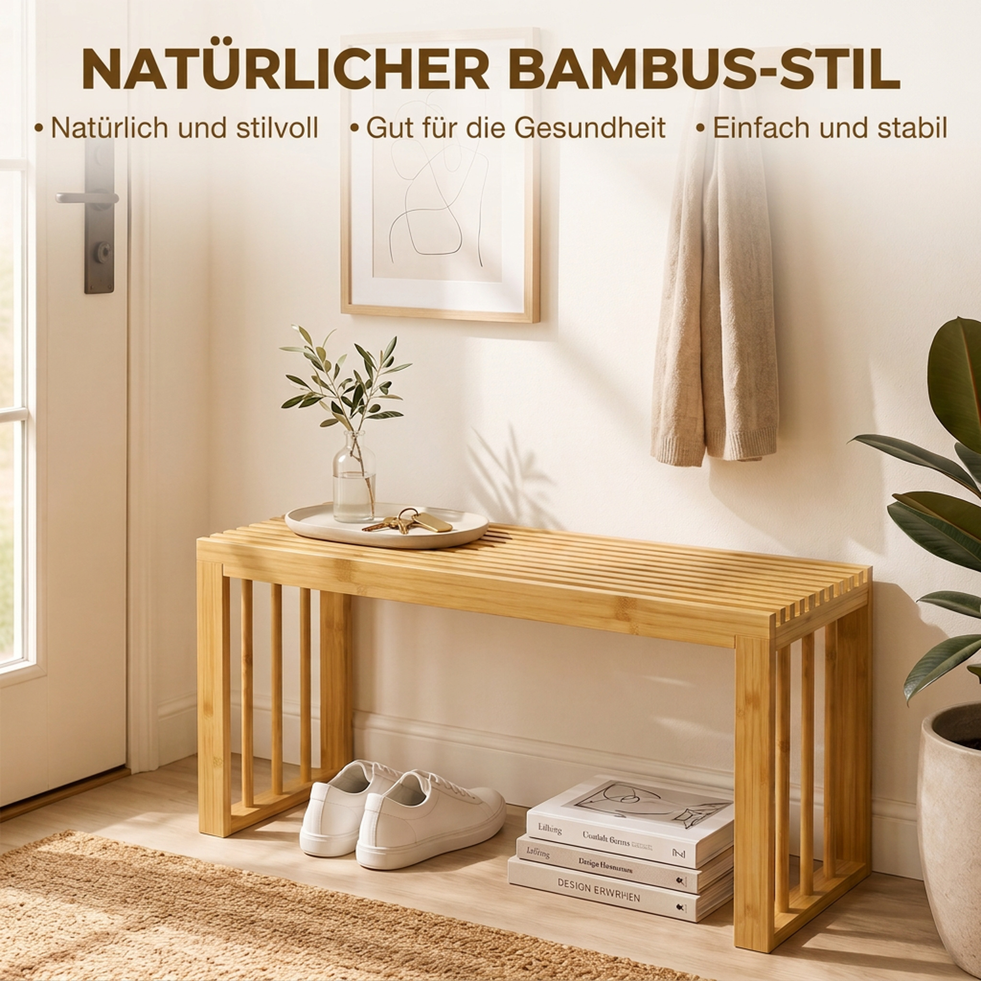 Batų suoliukas iš bambuko be atlošo, natūralios spalvos, 90 × 33 × 43 cm 3