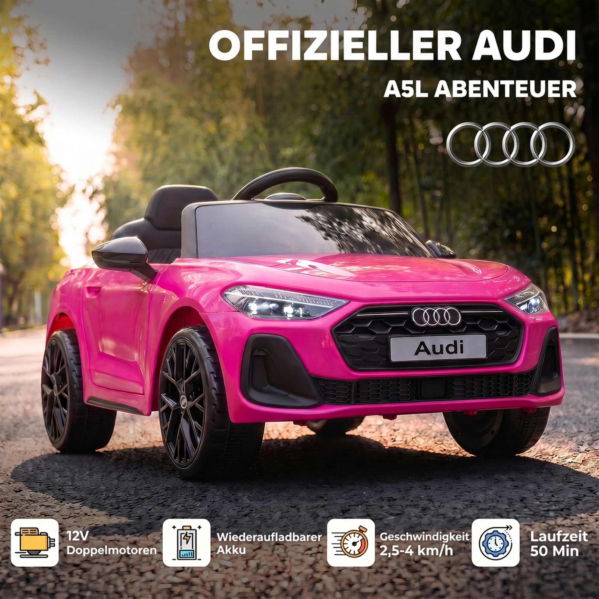Bērnu elektromobilis licencēts Audi A5L ar 2,4 GHz tālvadības pulti, rozā, 101 × 55 × 43 cm 3