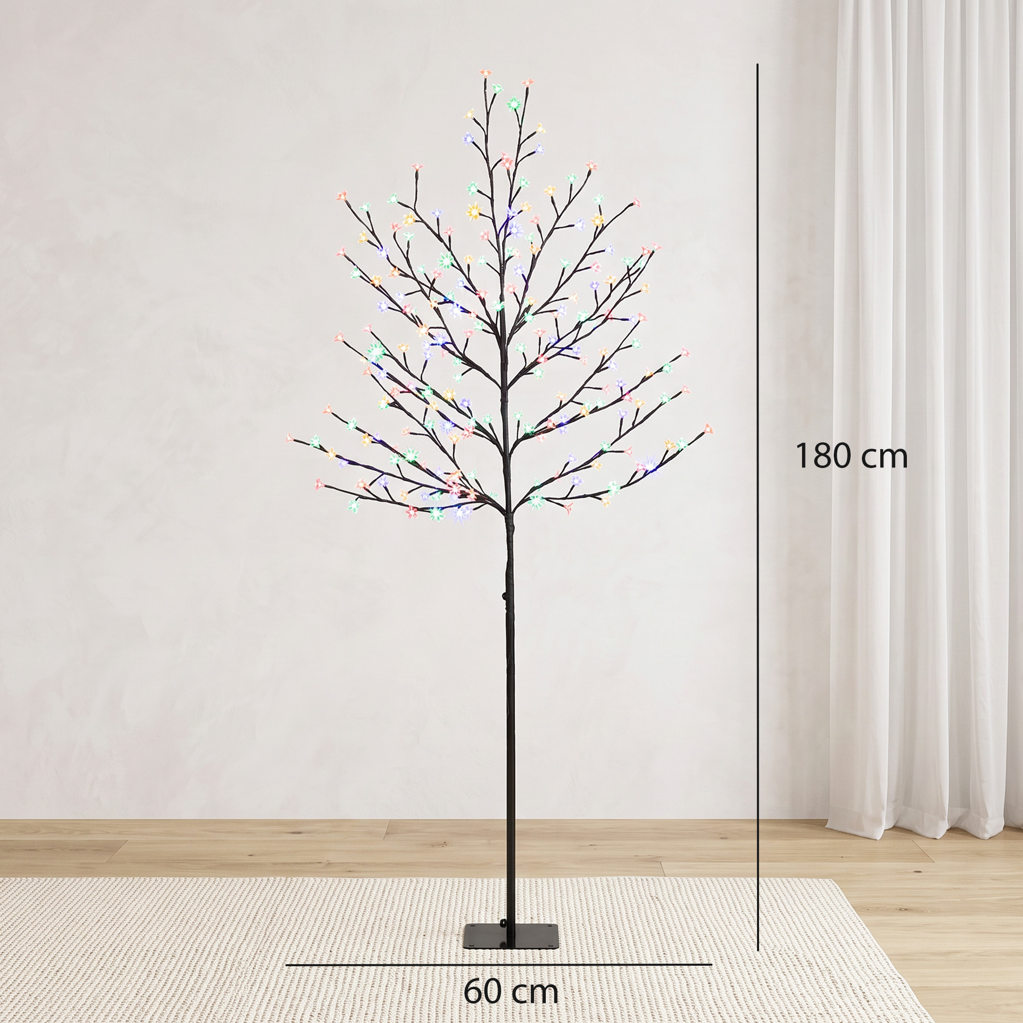 LED vyšnių žiedų medis, 200 LED, 11 režimų, juodas ir skaidrus, 60 × 60 × 180 cm 2
