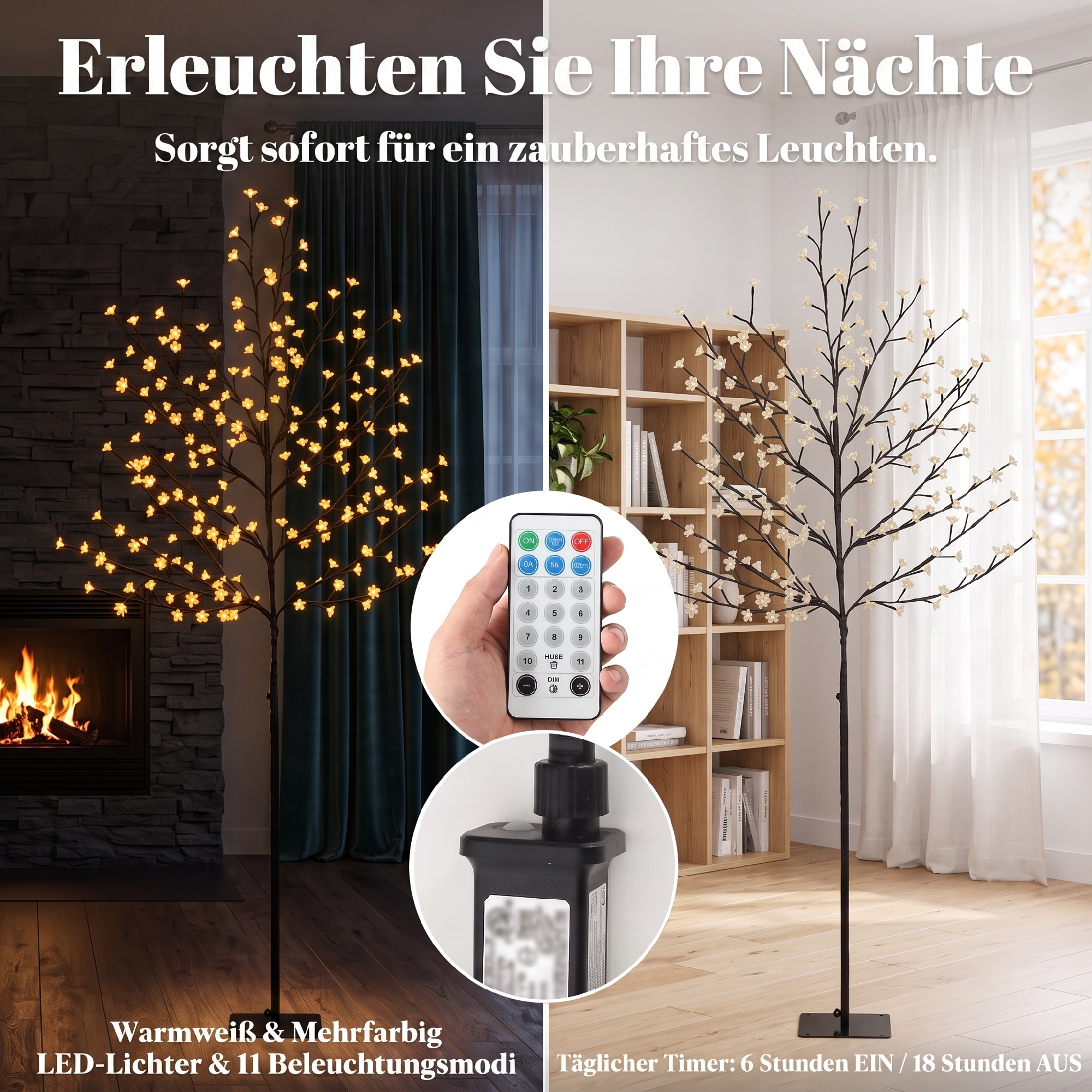 LED vyšnių žiedų medis, 200 LED, 11 režimų, juodas ir skaidrus, 60 × 60 × 180 cm 3