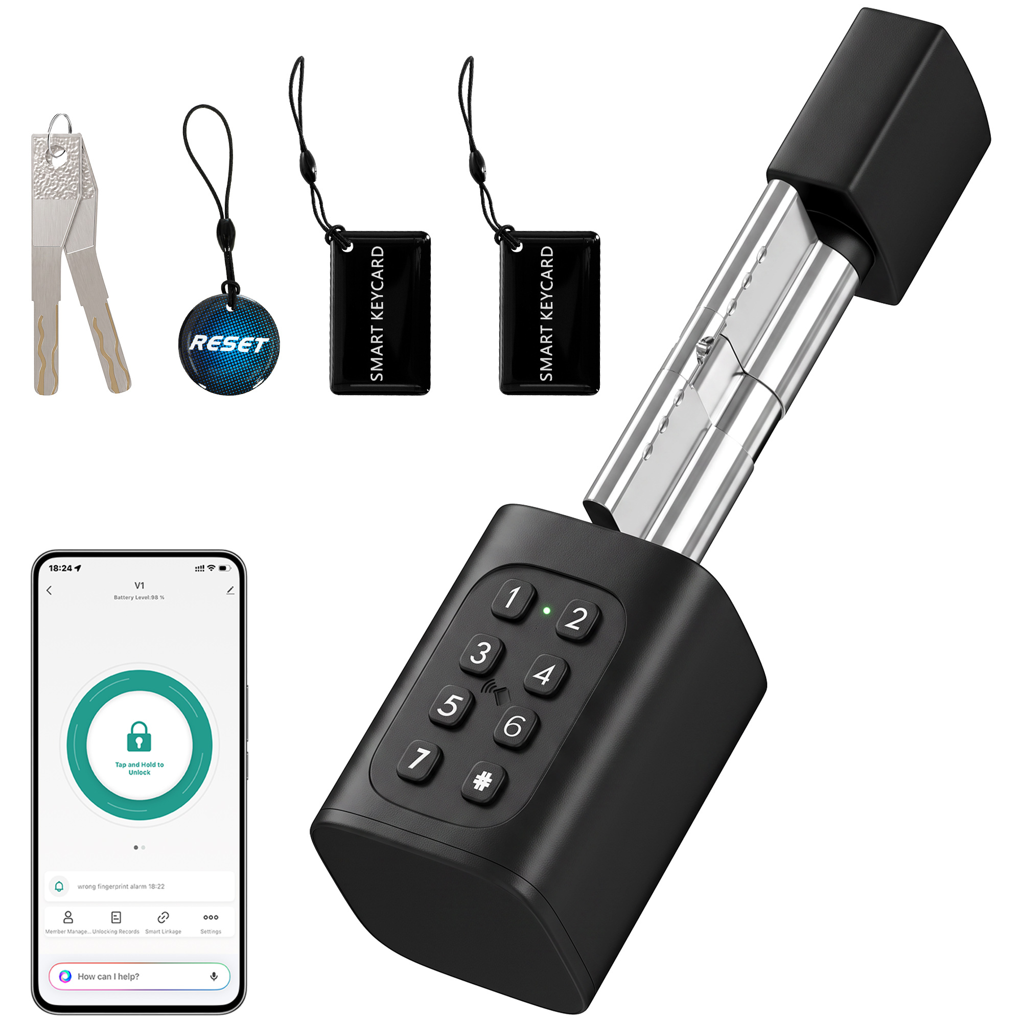 Viedais durvju cilindrs ar pirkstu nospiedumu lasītāju un Bluetooth, melns / sudraba, 4,2 × 4,2 × 16 cm
