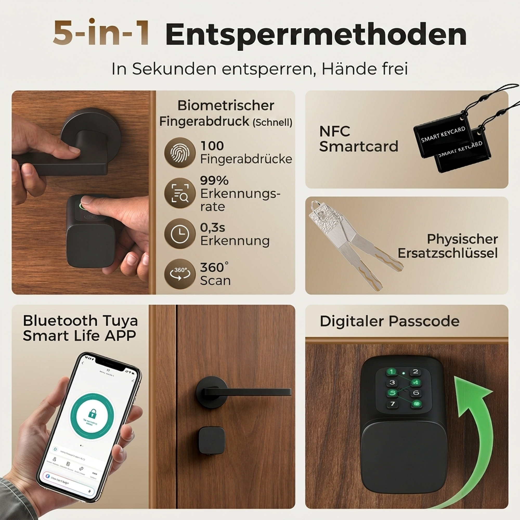 Viedais durvju cilindrs ar pirkstu nospiedumu lasītāju un Bluetooth, melns / sudraba, 4,2 × 4,2 × 16 cm 3
