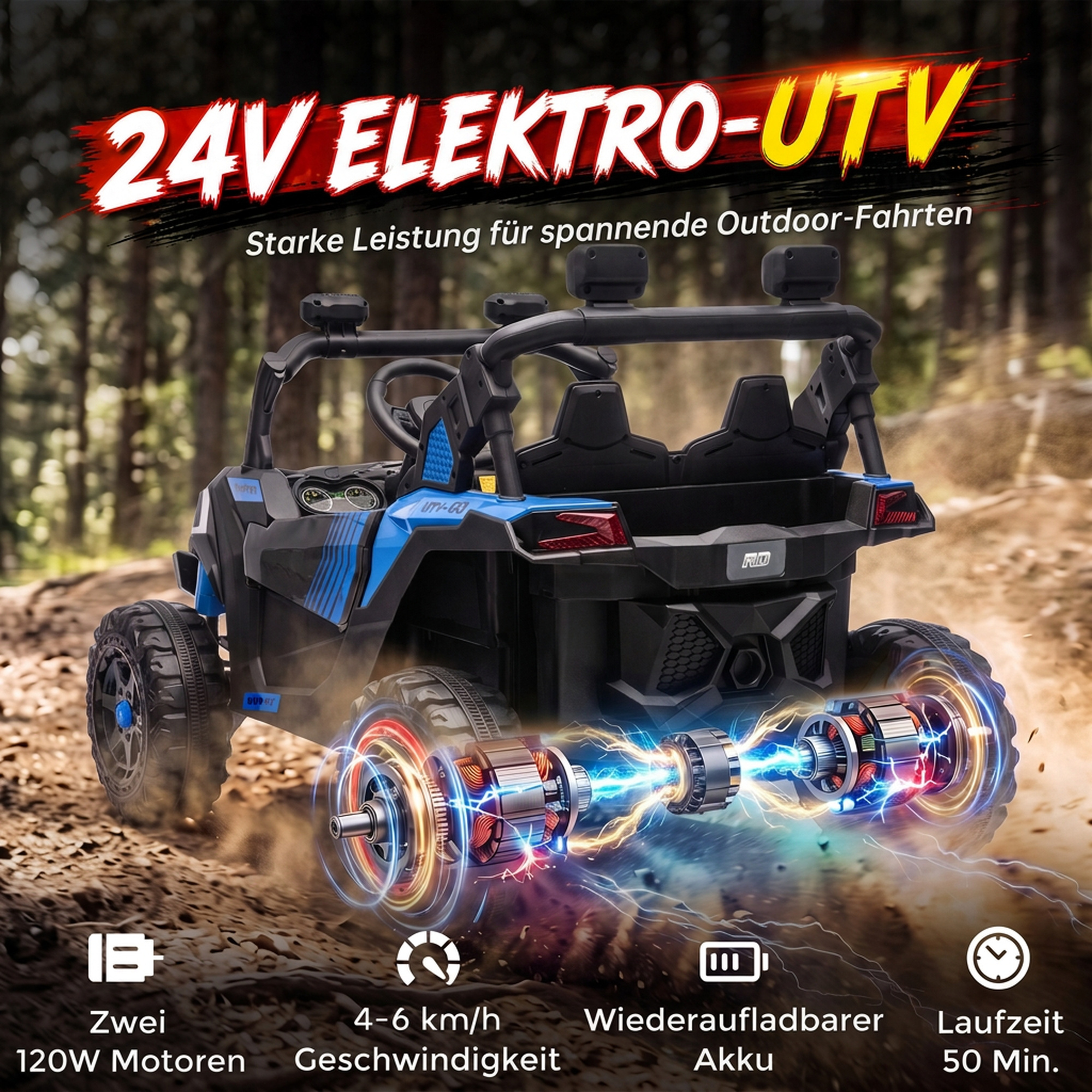 Vaikiškas elektromobilis UTV, dvivietis, 2 × 120 W, mėlynas ir juodas, 121 × 79 × 77 cm 3