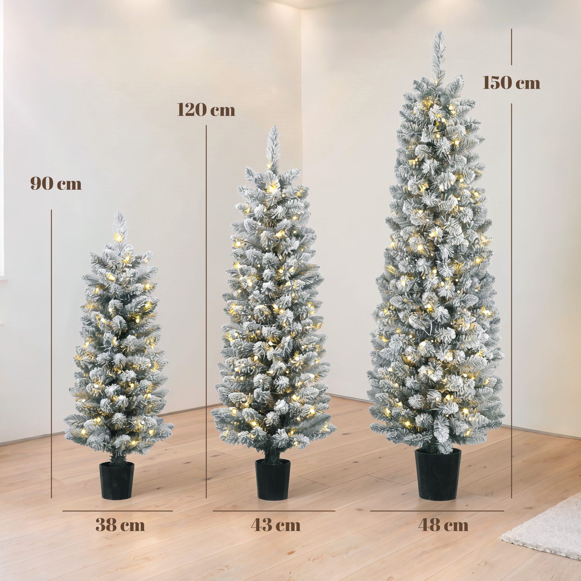 Dirbtinių kalėdinių eglučių rinkinys su LED apšvietimu ir apsnigtomis šakomis, žalios ir baltos, 90/120/150 cm, 3 vnt. 2